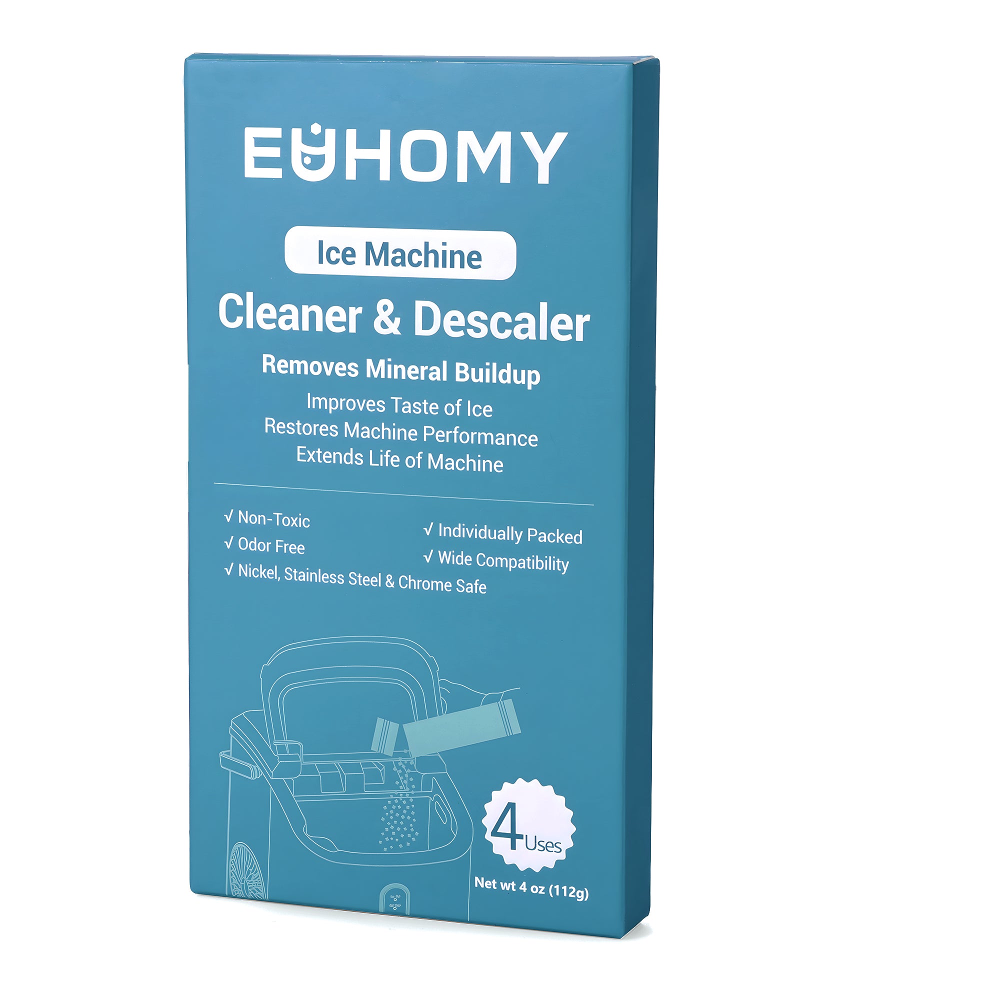 Euhomy Ice Machine Cleaner & Descaler box with 4 individual citric acid descaling powder packets for sale.