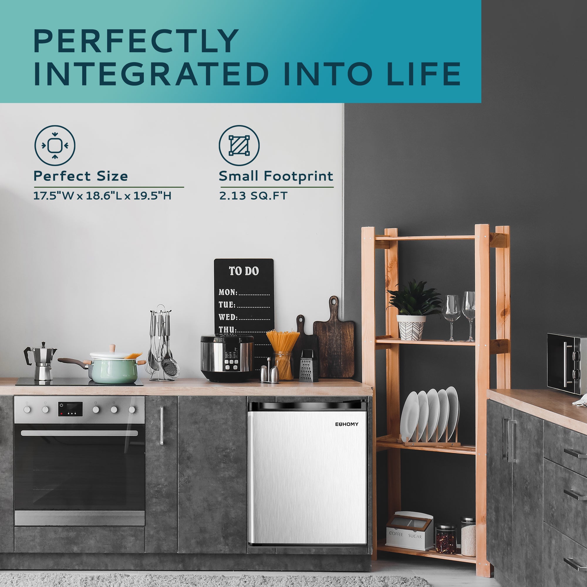 EUHOMY compact upright mini freezer with stainless steel door integrated into a modern kitchen lifestyle setting.