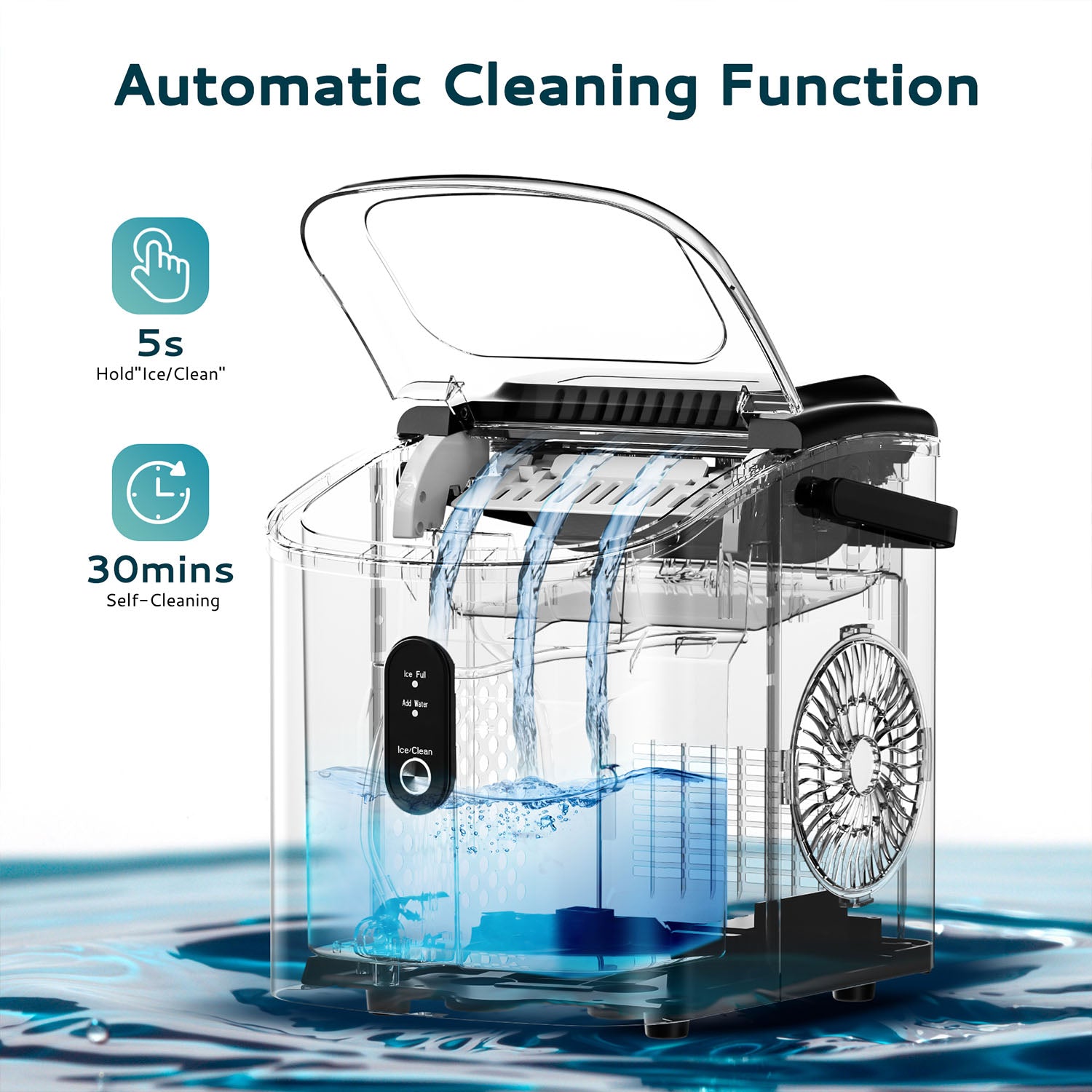 Euhomy Dart H1 silver ice maker demonstrating 30-minute self-cleaning function with water flow.