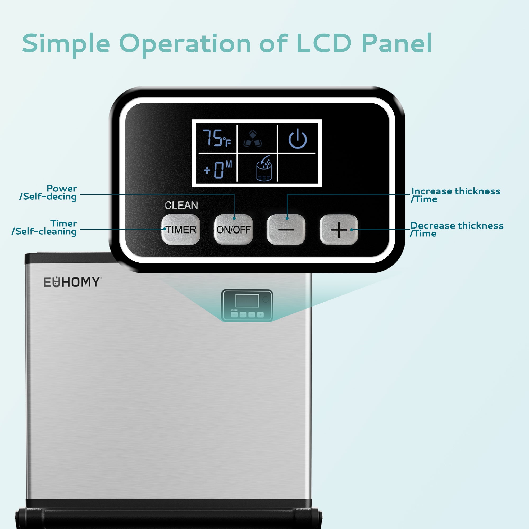 Euhomy commercial ice maker stainless steel, digital LCD panel with timer and ice thickness controls.