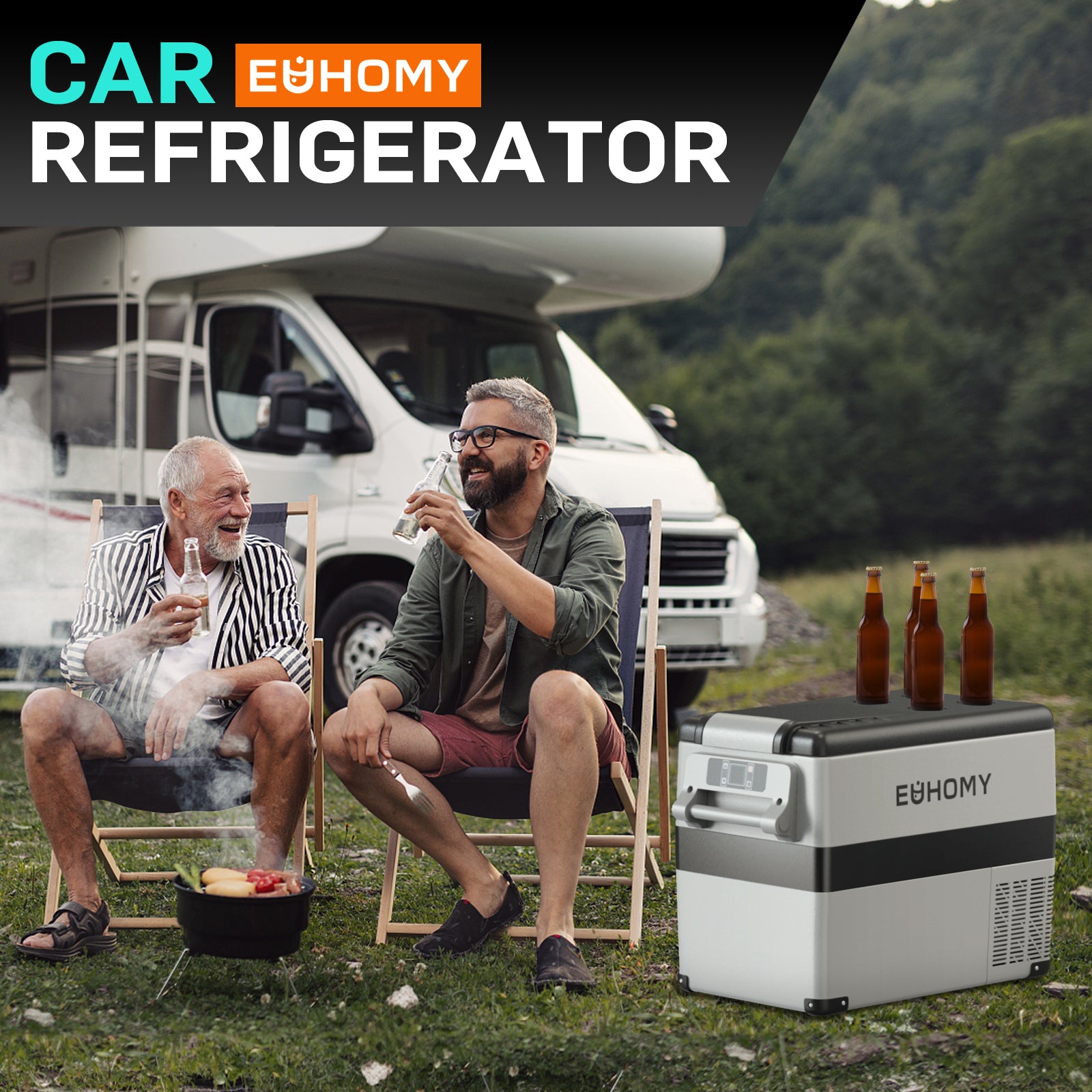 EUHOMY portable car fridge used outdoors by campervan with two men relaxing, gray and black model.