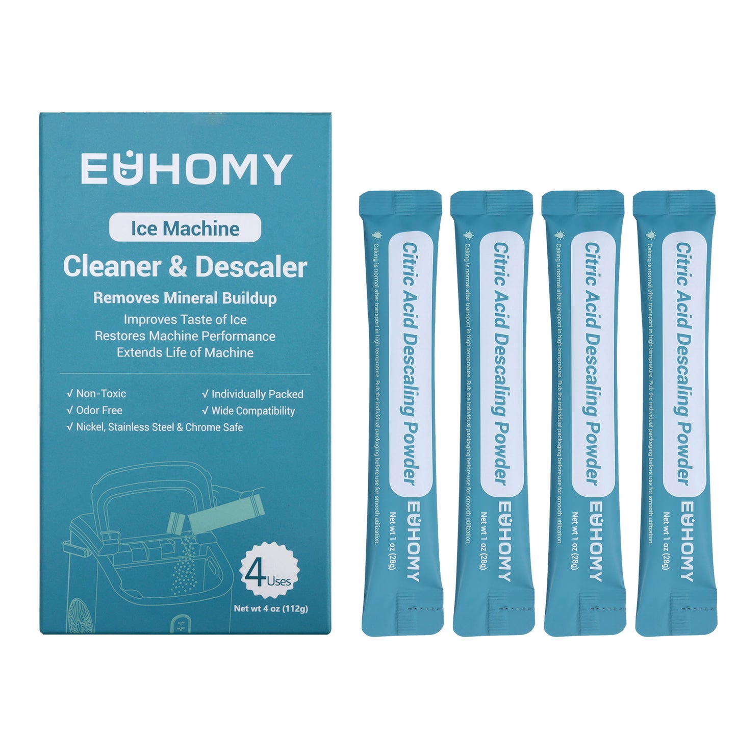 Euhomy Ice Maker Cleaner - Organic Citric Acid, Safe and Odor Free, 4 Individual Packs, Powerful Cleansing