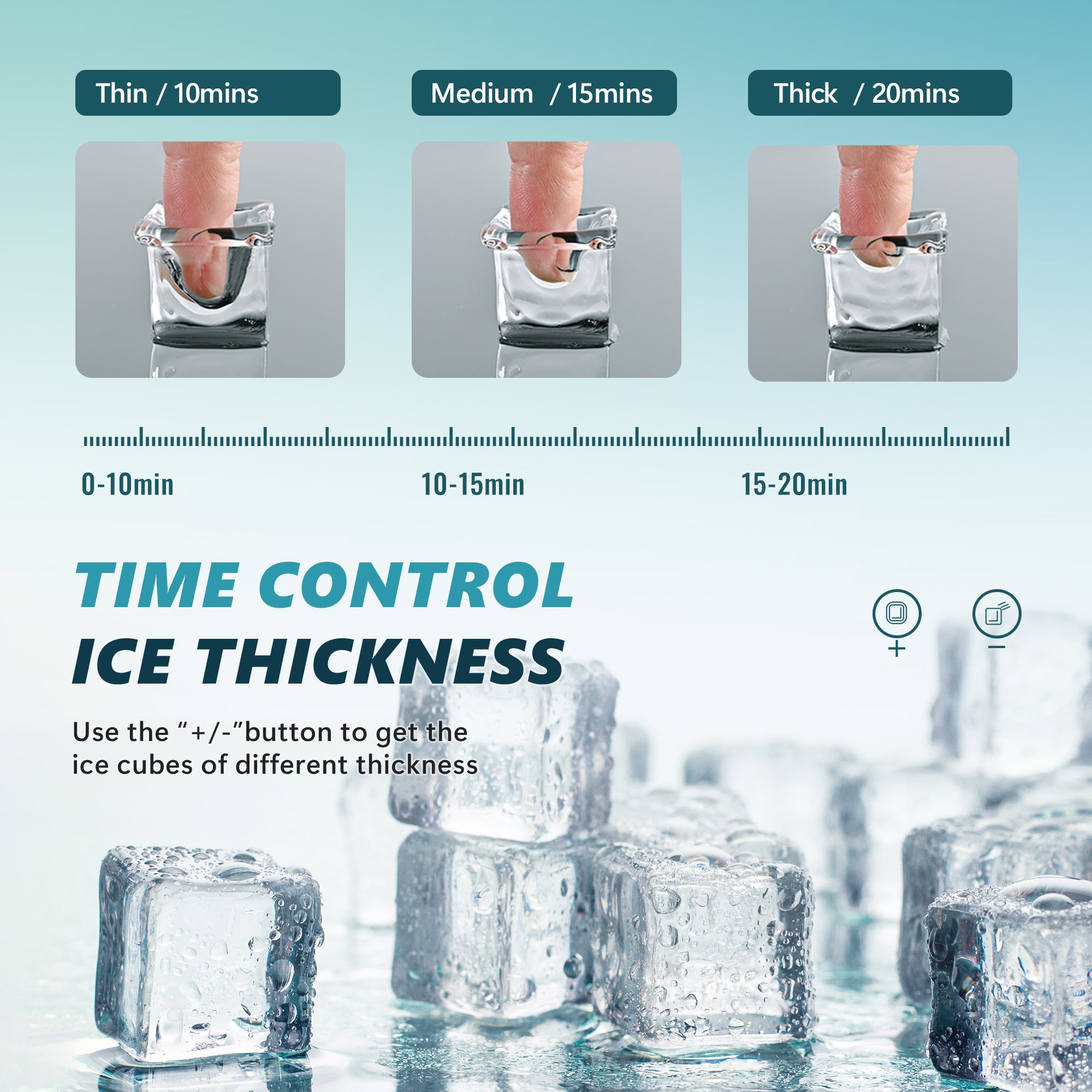 Euhomy Tile Plus ice cube maker: adjustable ice thickness via time control (10, 15, 20 min).