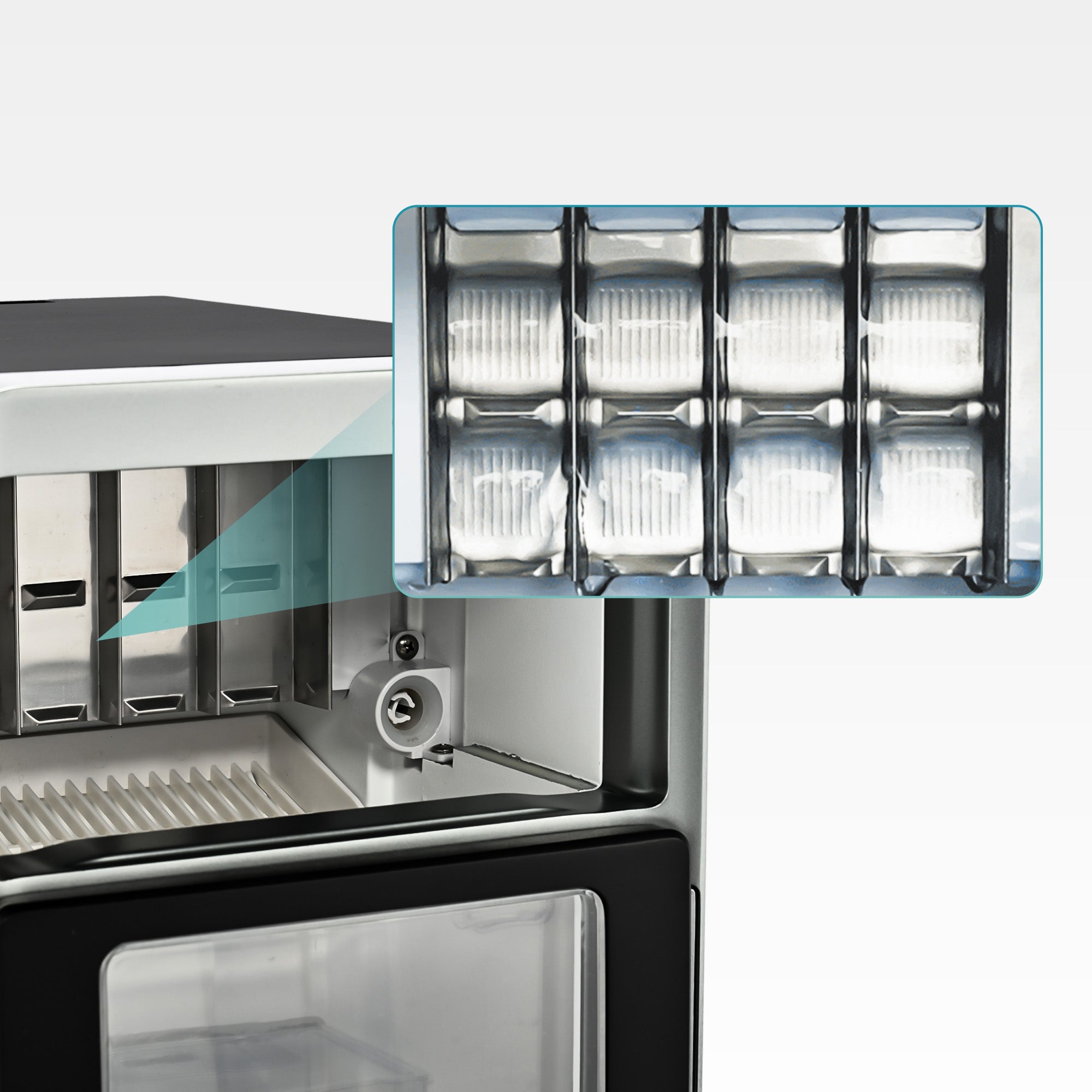 Luna Plus ice maker internal view showing crescent ice molds and drip tray with magnified detail of ice formation.