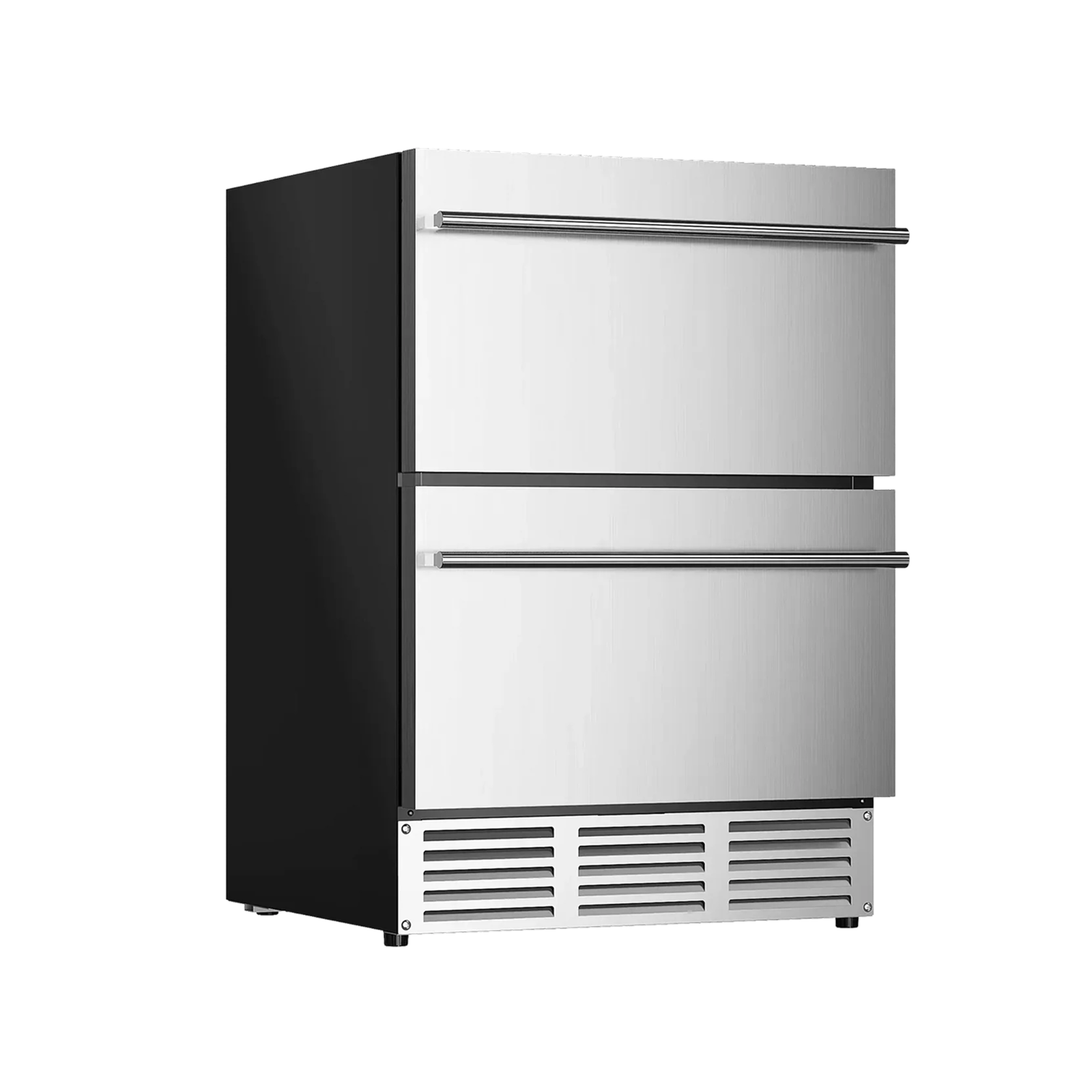 Euhomy Pulse Dual 150 beverage cooler: dual stainless steel drawers, silver handles, black sides, silver vent.