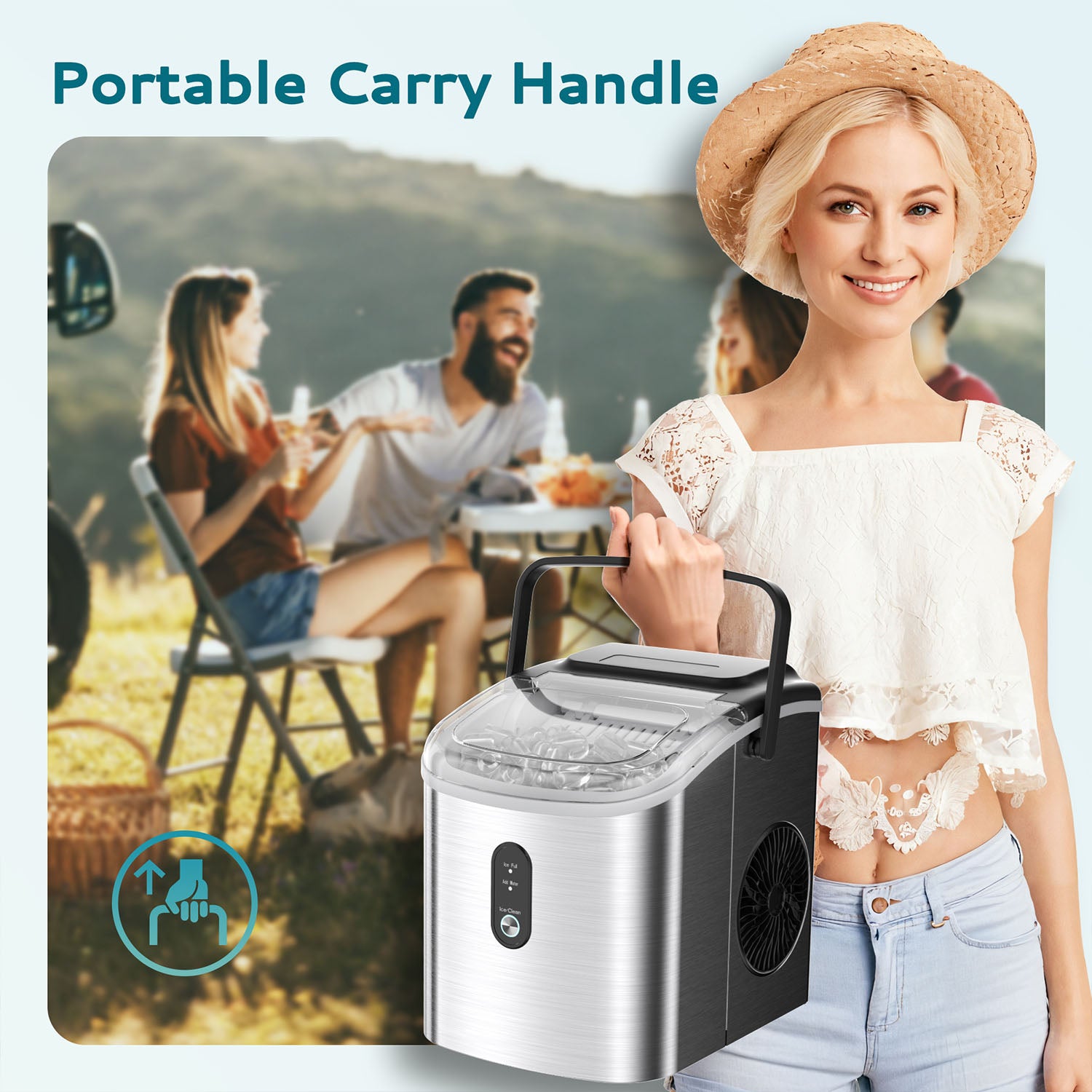 Euhomy Dart H1 silver portable ice maker with handle at outdoor picnic, perfect for parties and travel.