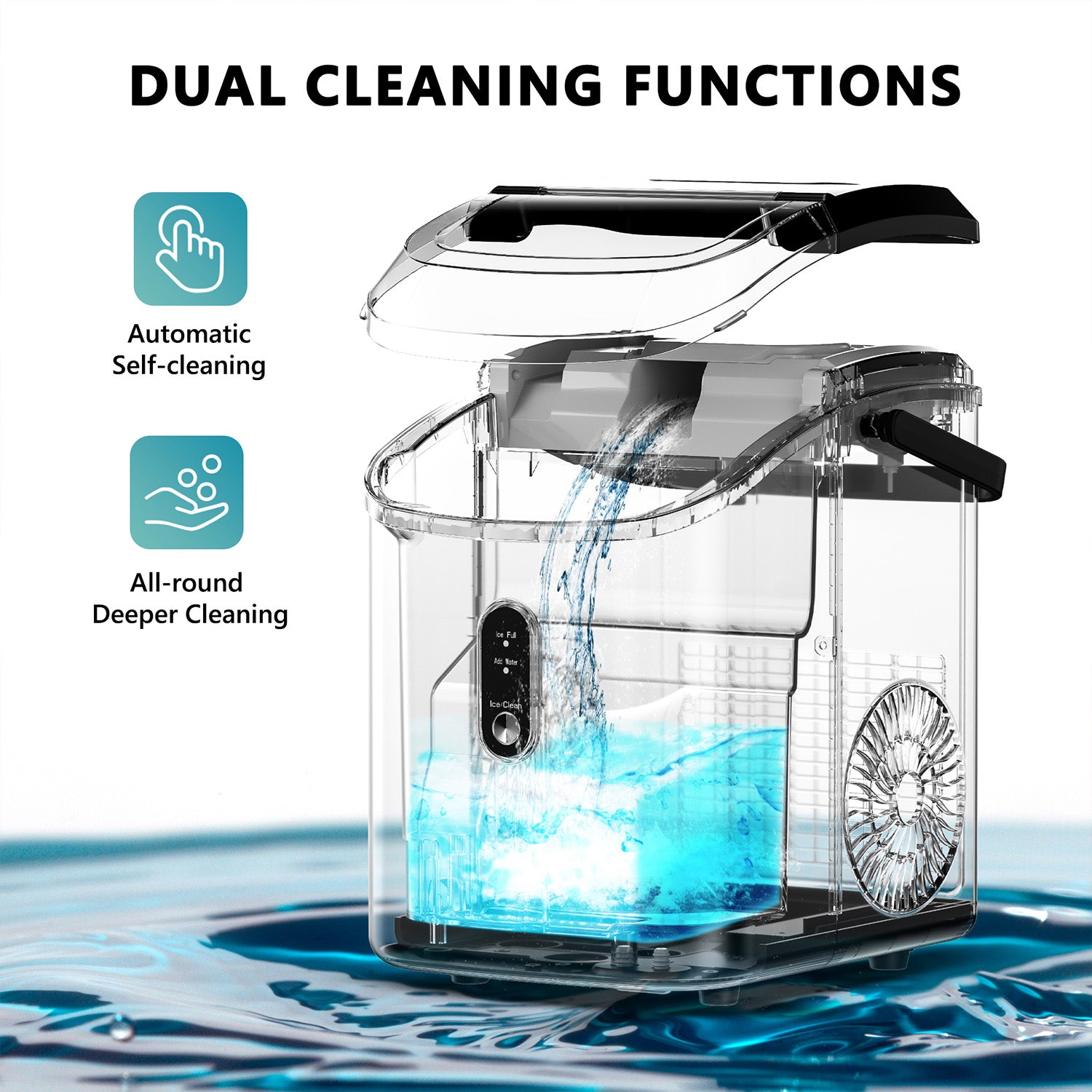 EUHOMY Pearl H1 Nugget Ice Maker: Automatic Self-cleaning & All-around Deeper Cleaning. Water pour shown.