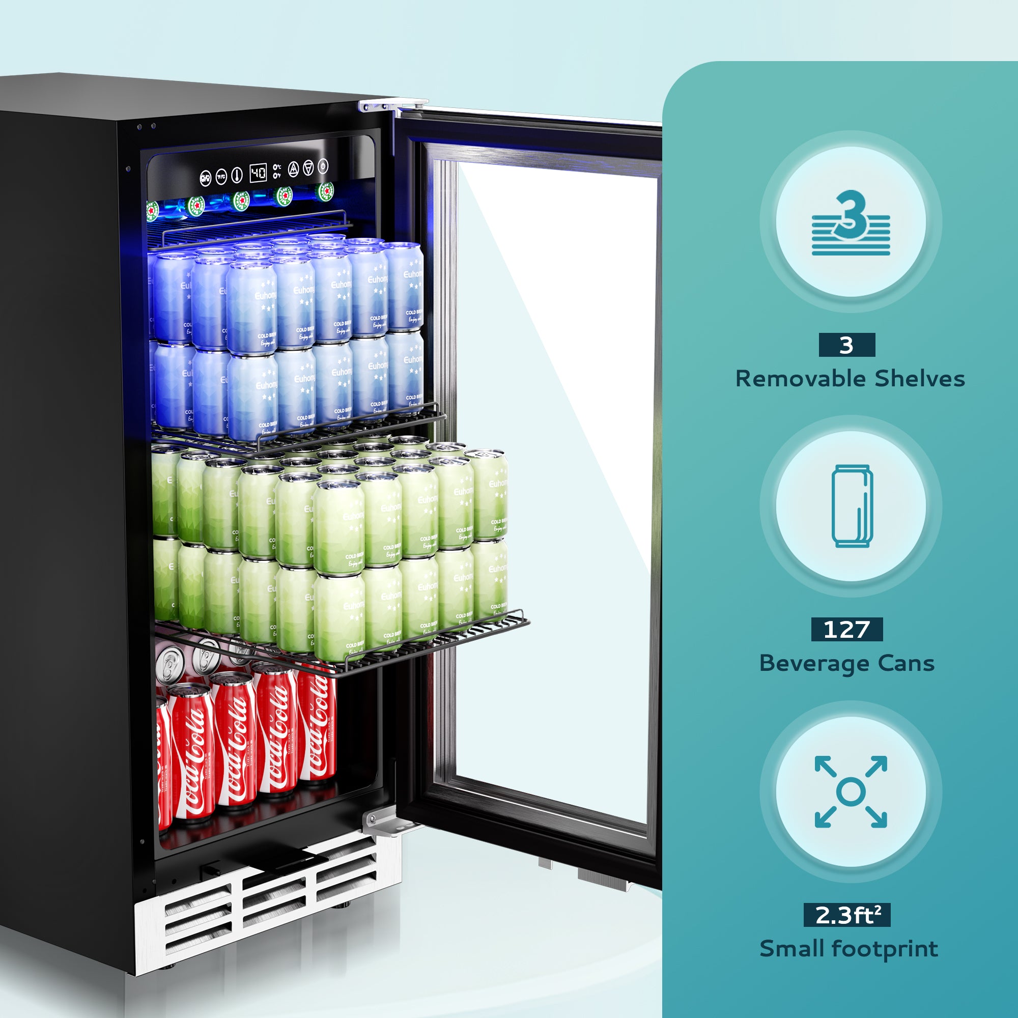 EUHOMY 15-inch beverage fridge with LED interior, holding 127 cans including Coca-Cola on shelves.