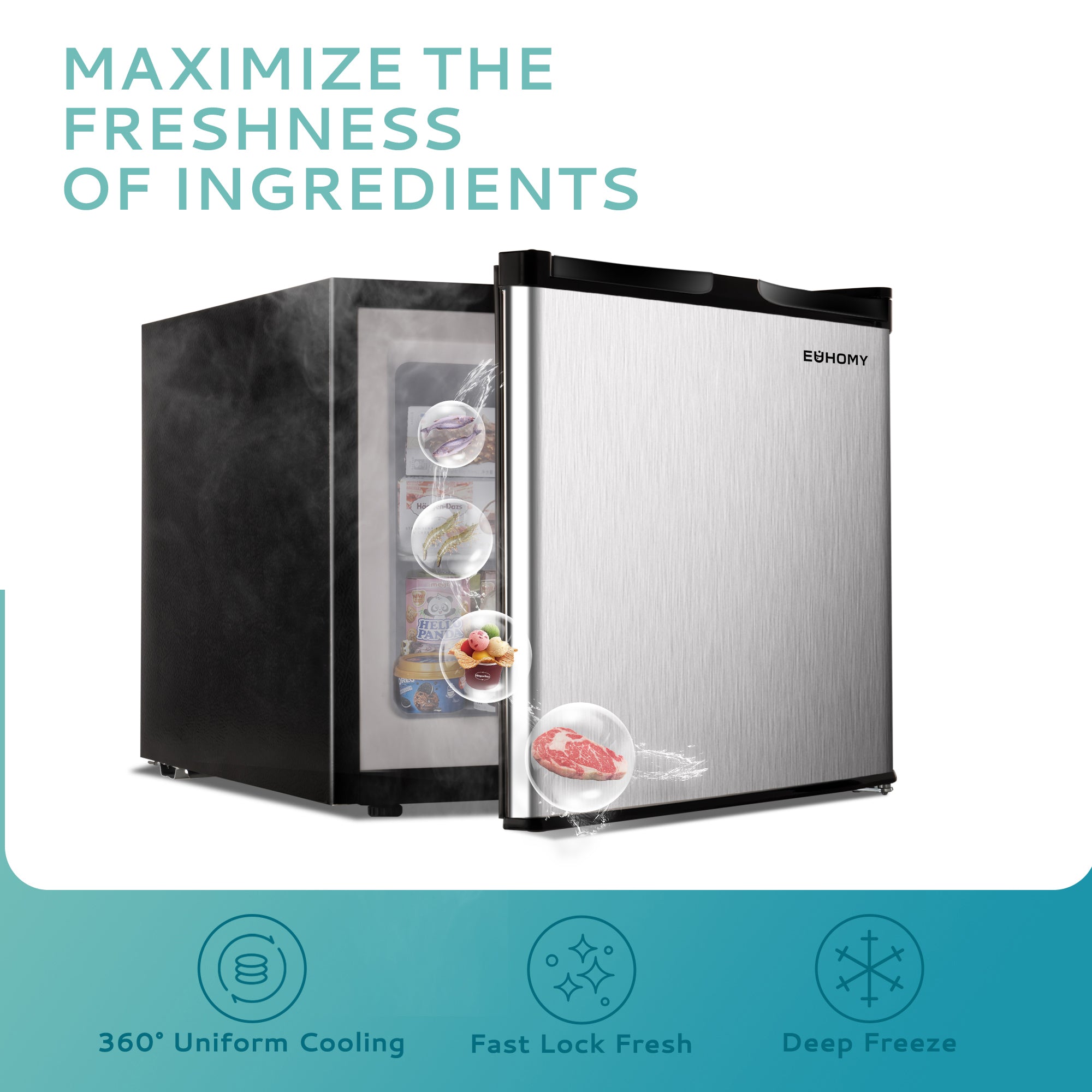 EUHOMY compact upright freezer with stainless steel door, open to showcase fresh ingredients and rapid cooling features.