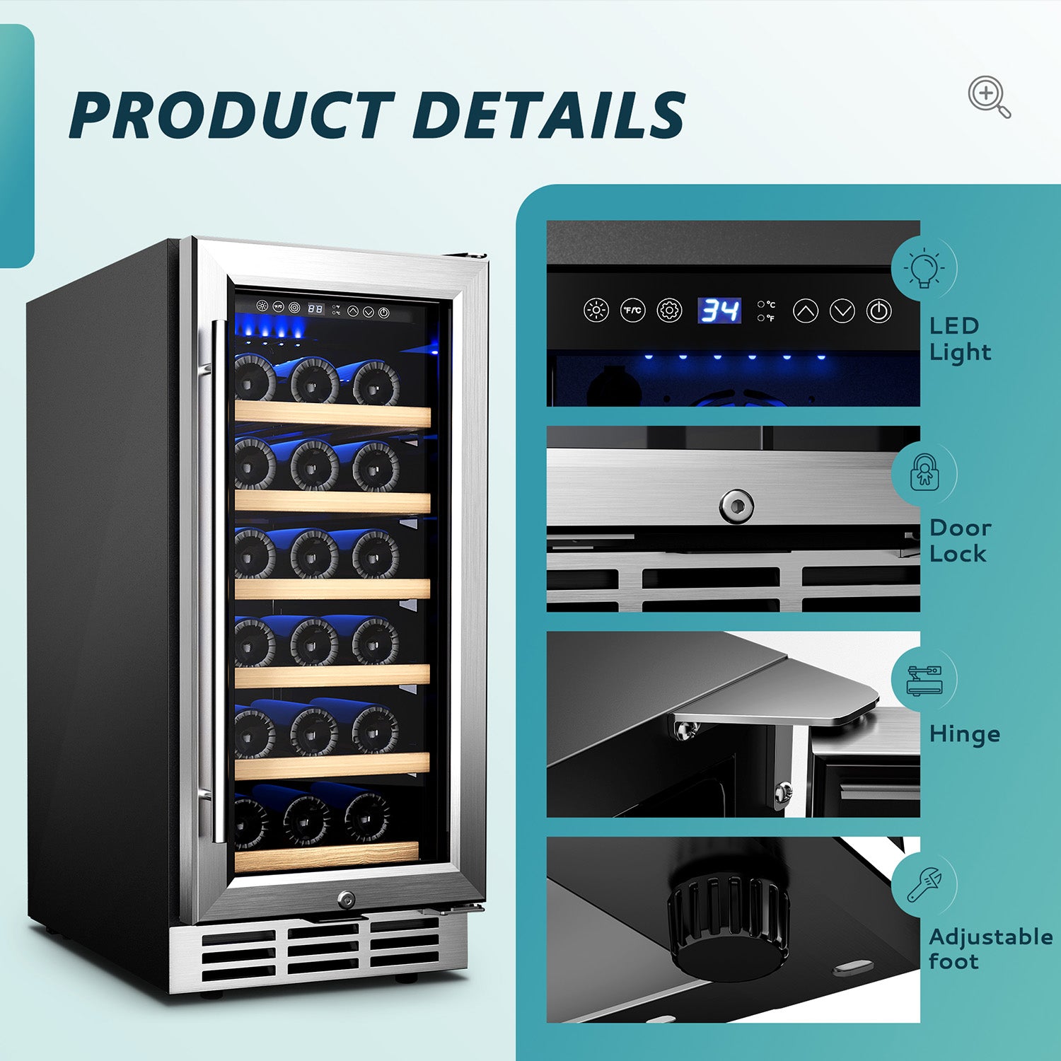 EUHOMY 15-inch wine fridge: wood shelves, wine bottles, LED light, door lock, hinge, adjustable foot details.