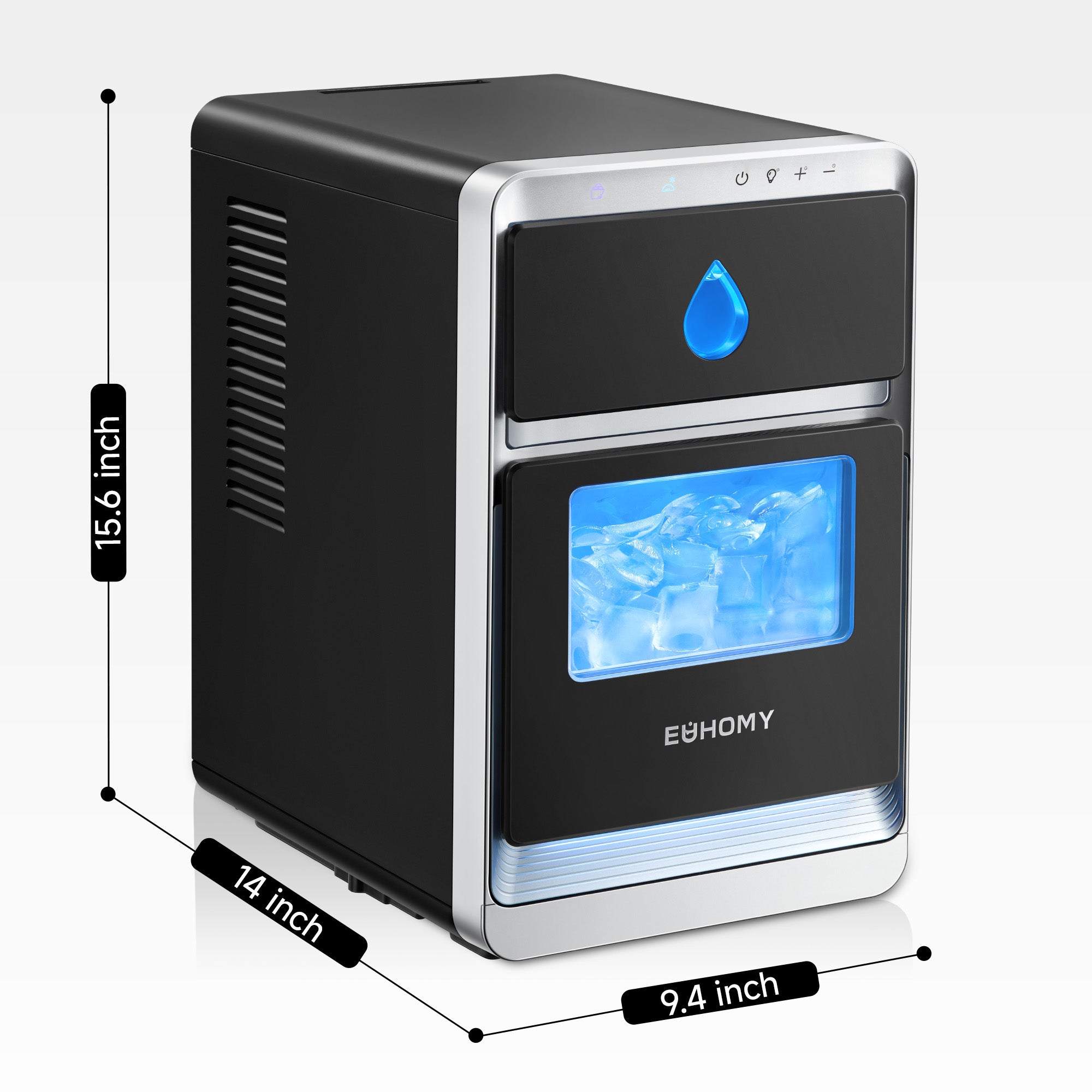 Luna Plus portable crescent ice maker, 9.4"W x 14"D x 15.6"H, blue indicator, clear ice window.