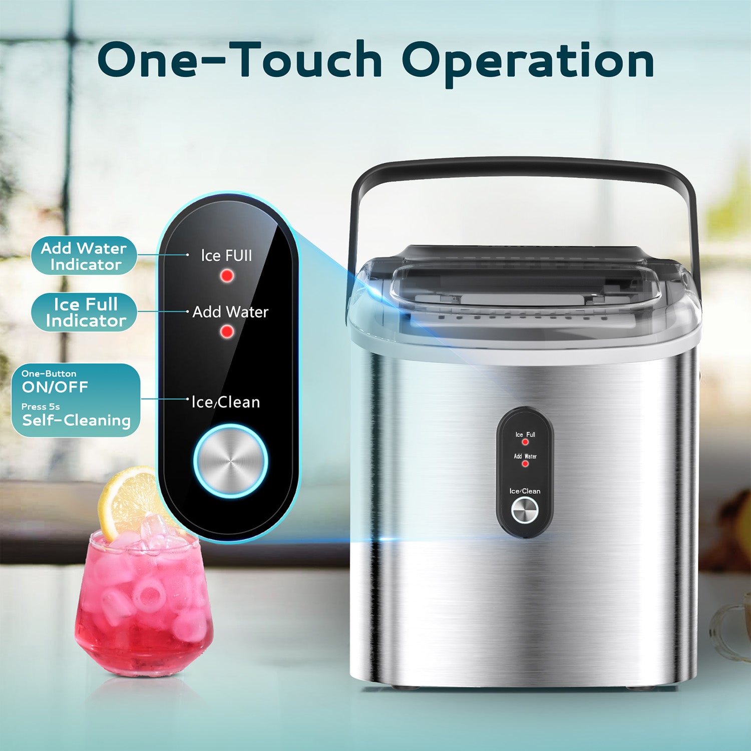 Silver Euhomy ice maker with clear lid showing one-touch operation, Ice Full and Add Water indicators, next to a pink drink.