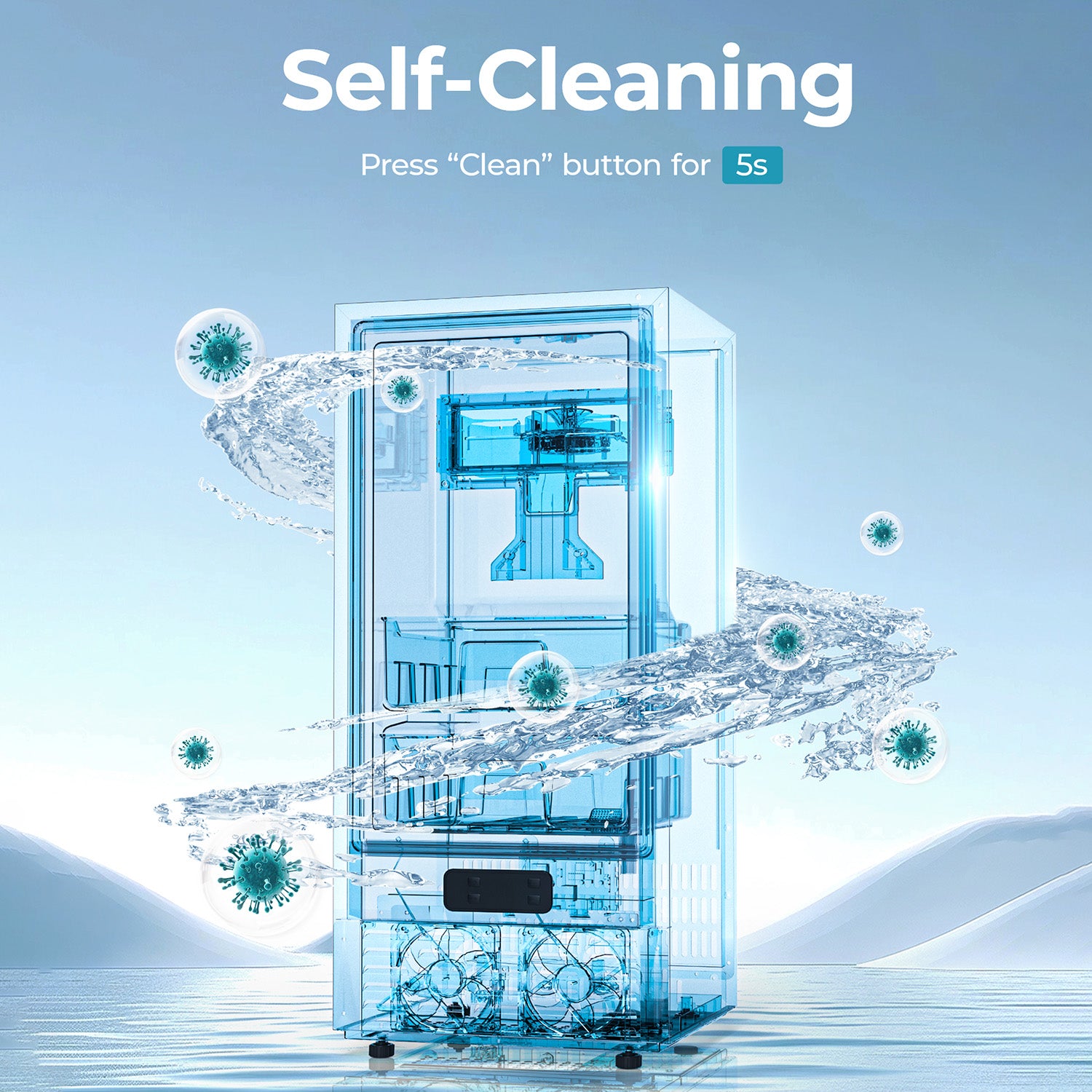 Euhomy commercial nugget ice maker internal view showcasing self-cleaning with water for easy maintenance.