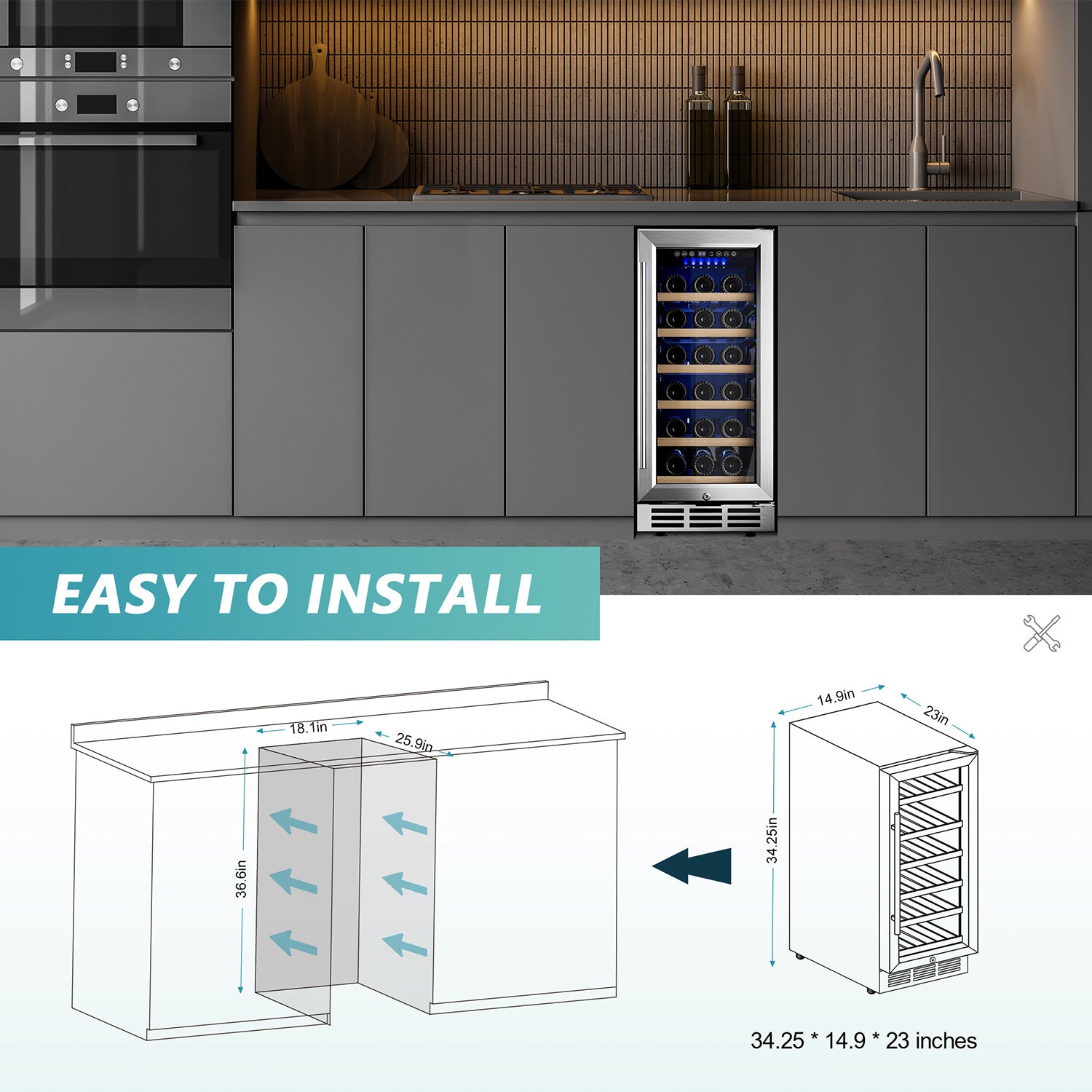 15" EUHOMY wine fridge in kitchen, with installation dimensions shown.