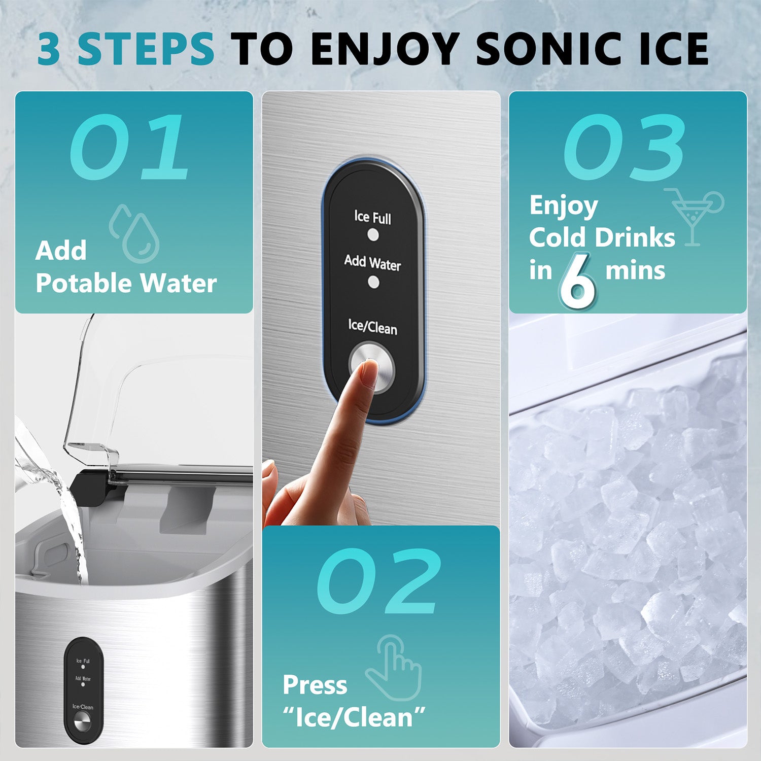 EUHOMY Pearl H1 nugget ice maker: 3 steps to enjoy sonic ice in 6 mins - add water, press button, enjoy cold drinks.