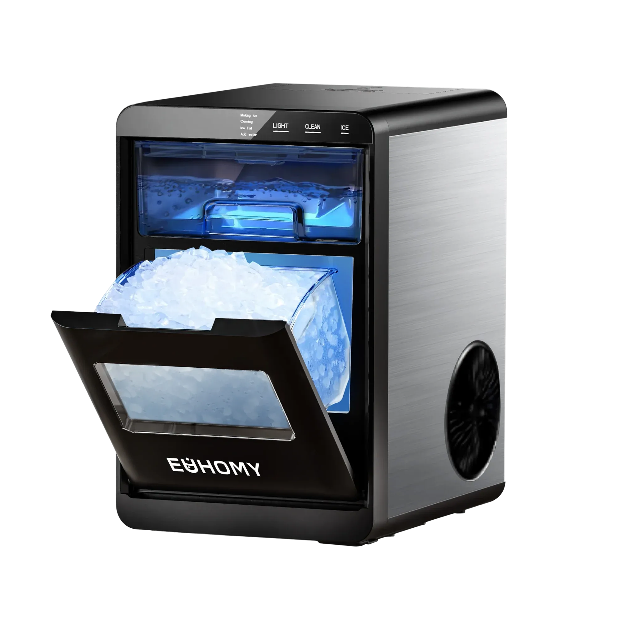 Euhomy Pearl L1 Plus nugget ice maker with open door and bin full of ice, showcasing product and its output.