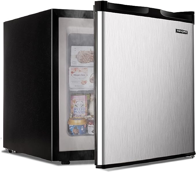 EUHOMY 1.7 Cu.Ft black mini fridge, brushed stainless steel door ajar, interior filled with ice cream tubs and frozen treats.