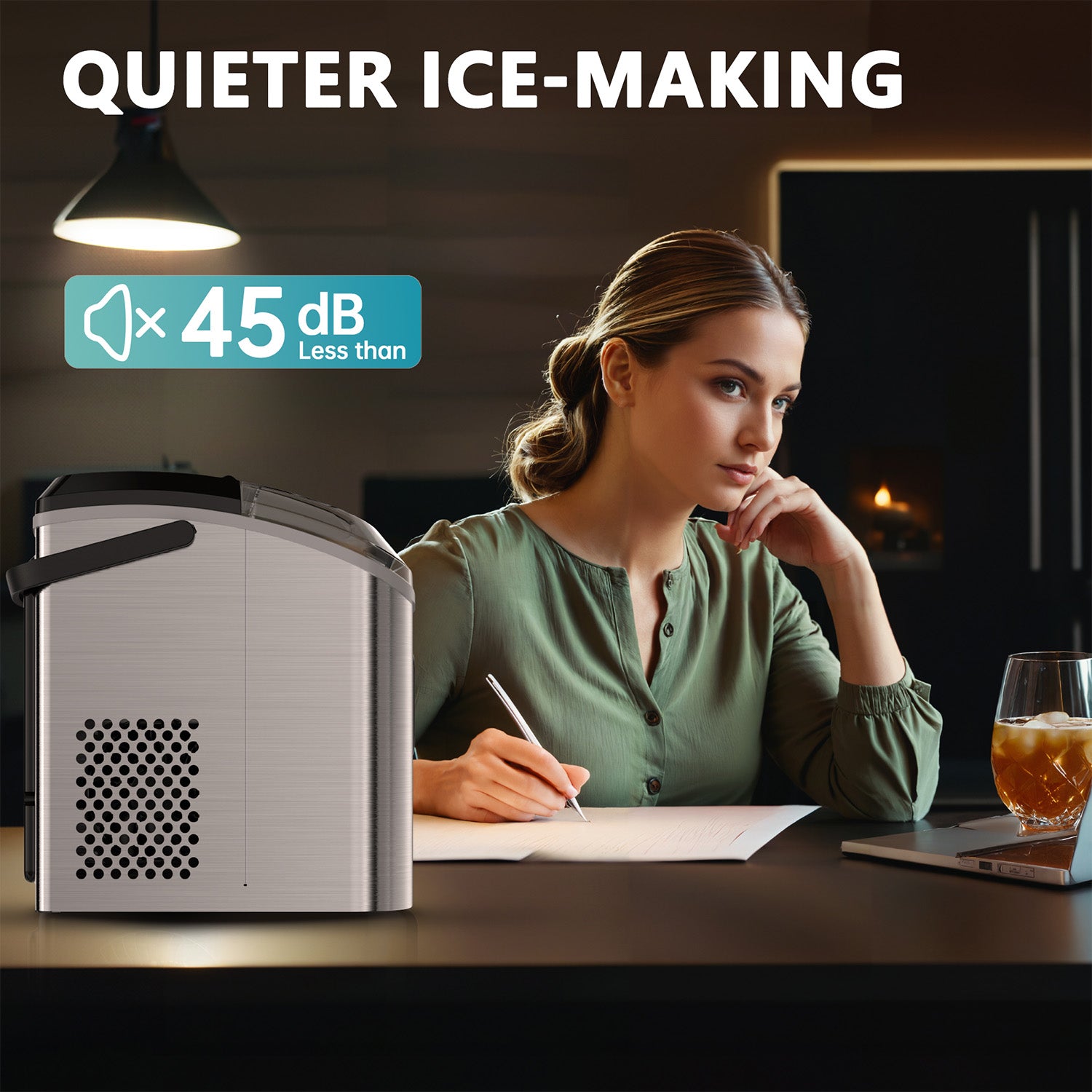 EUHOMY Pearl H1 stainless steel nugget ice maker operates quietly (<45dB) in home office with woman and iced drink.