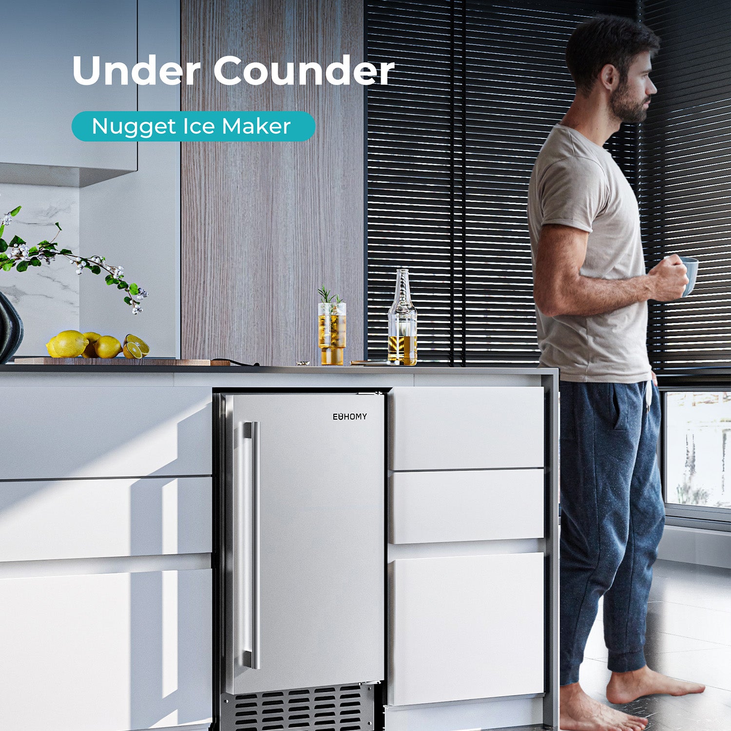 Euhomy Lyra S1 Nugget Commercial Ice Maker installed under a kitchen counter with a man holding a drink nearby.