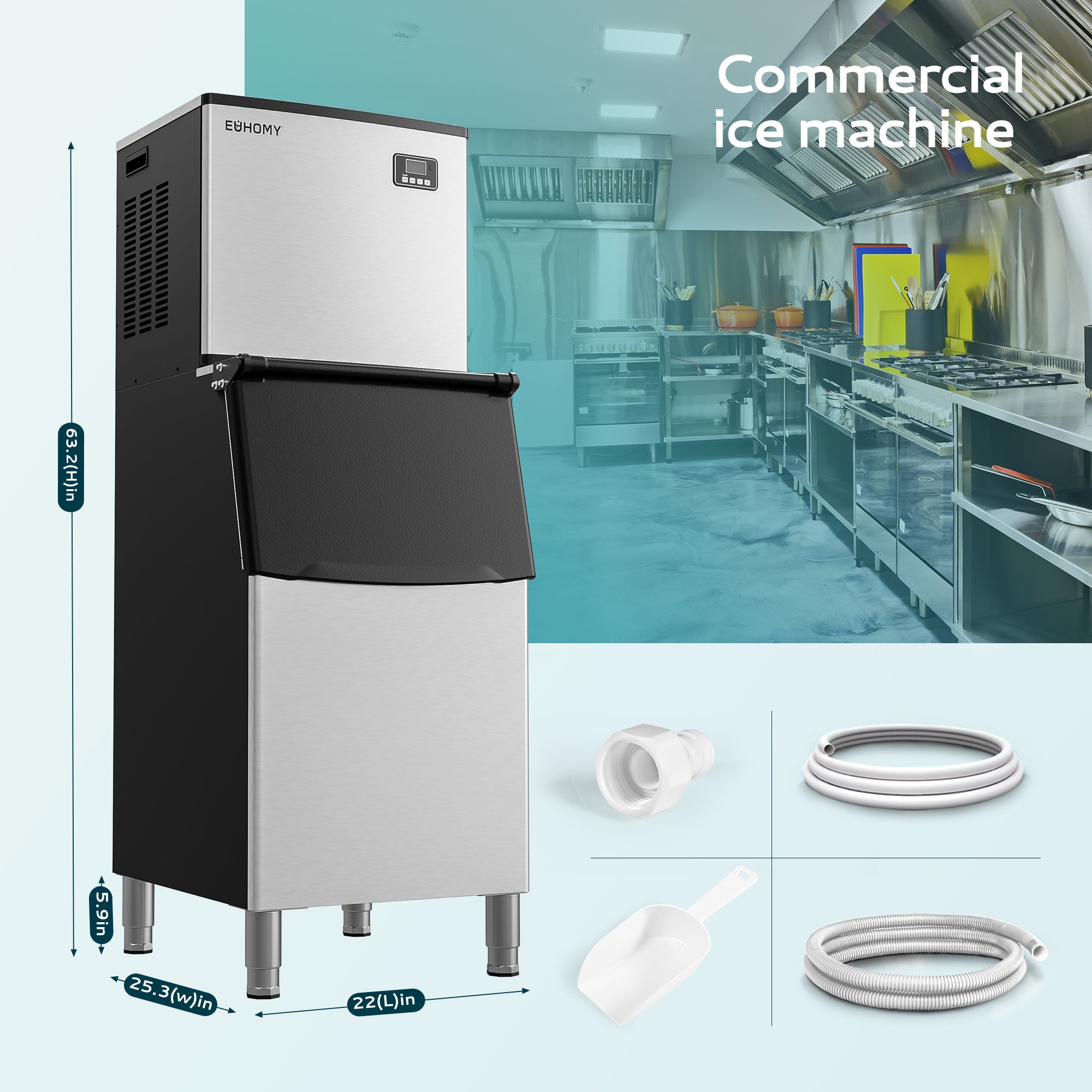 Euhomy 400 lbs commercial ice maker, stainless steel, digital panel. Kitchen setting with accessories & dimensions.