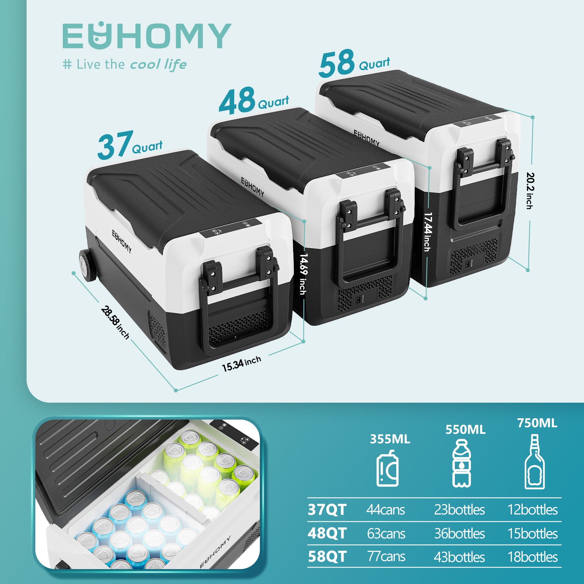Euhomy 37-qt portable refrigerator size comparison with 48 and 58 qt, showing beverage capacity.