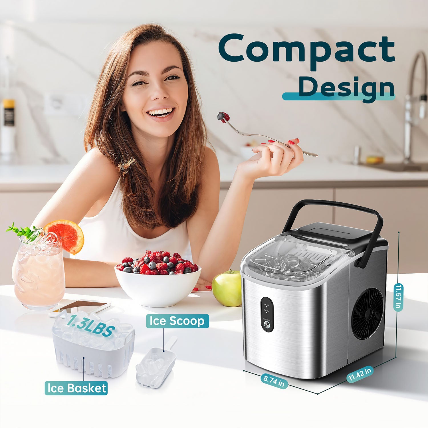 Euhomy Dart H1 silver countertop ice maker with ice basket and scoop, compact design for kitchen or RV use.