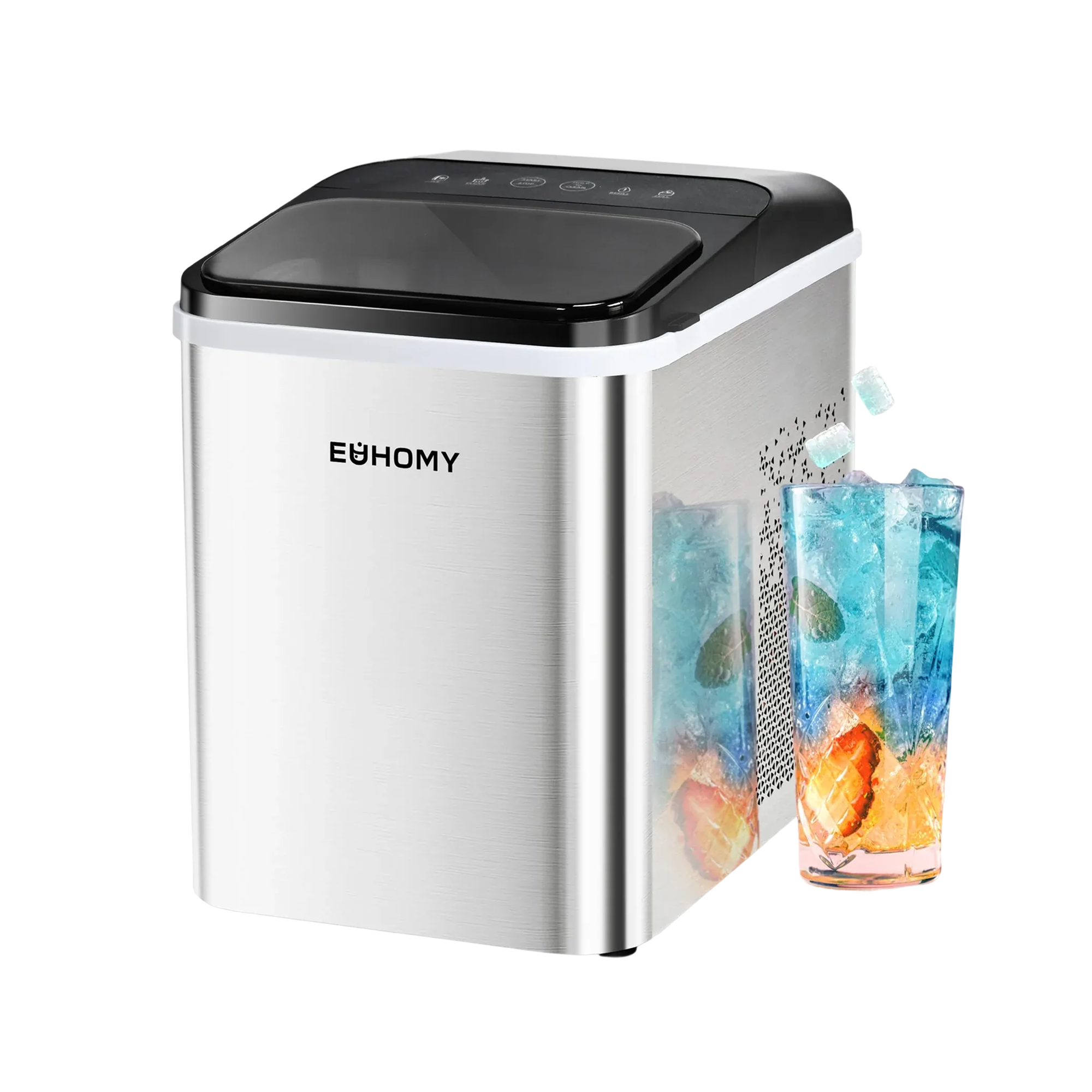 Euhomy U1 Nugget Ice Maker with stainless steel finish next to a glass of iced beverage with fruit.