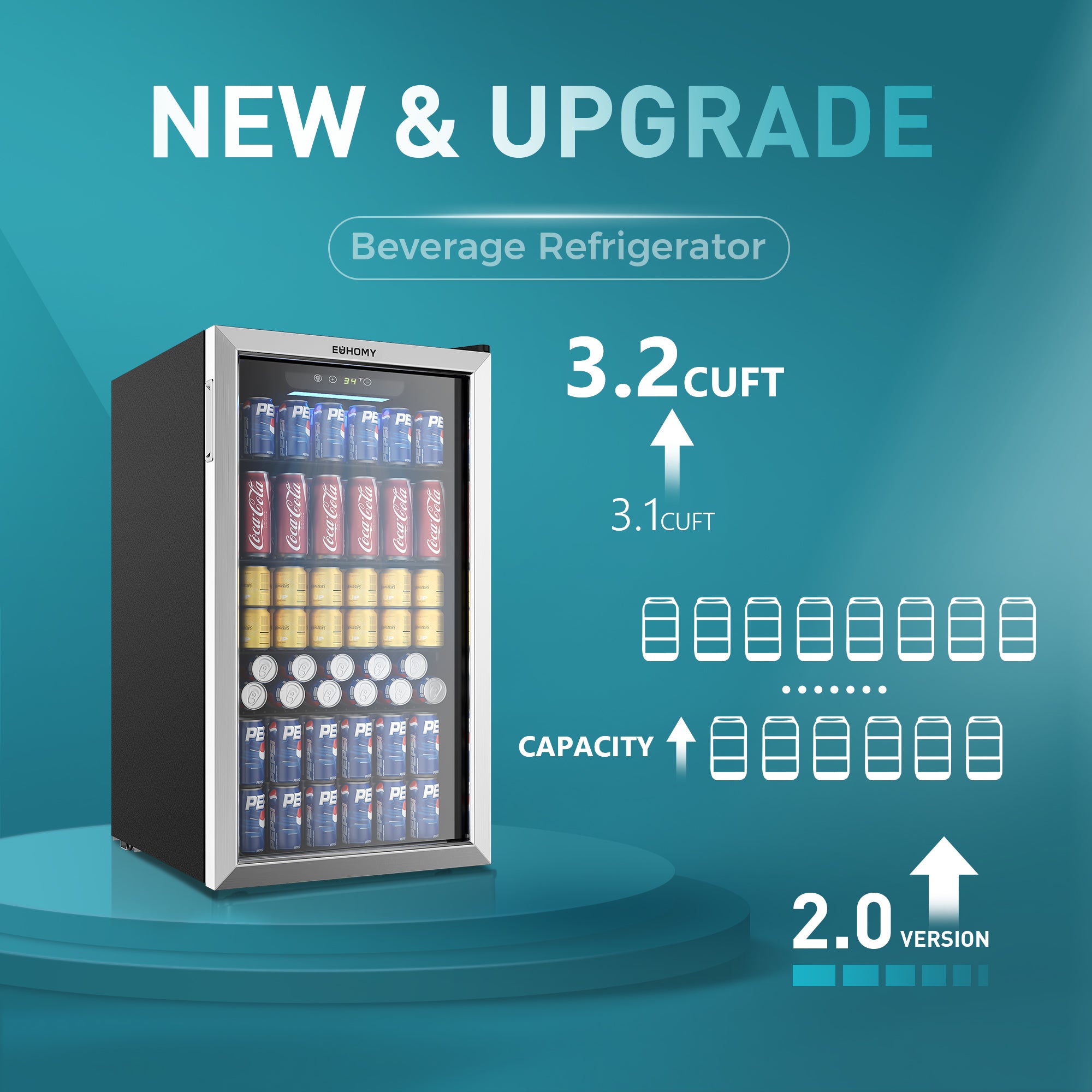 EUHOMY 3.2 CuFt 126-can beverage cooler, new and upgraded model, filled with Coca-Cola and Pepsi cans.