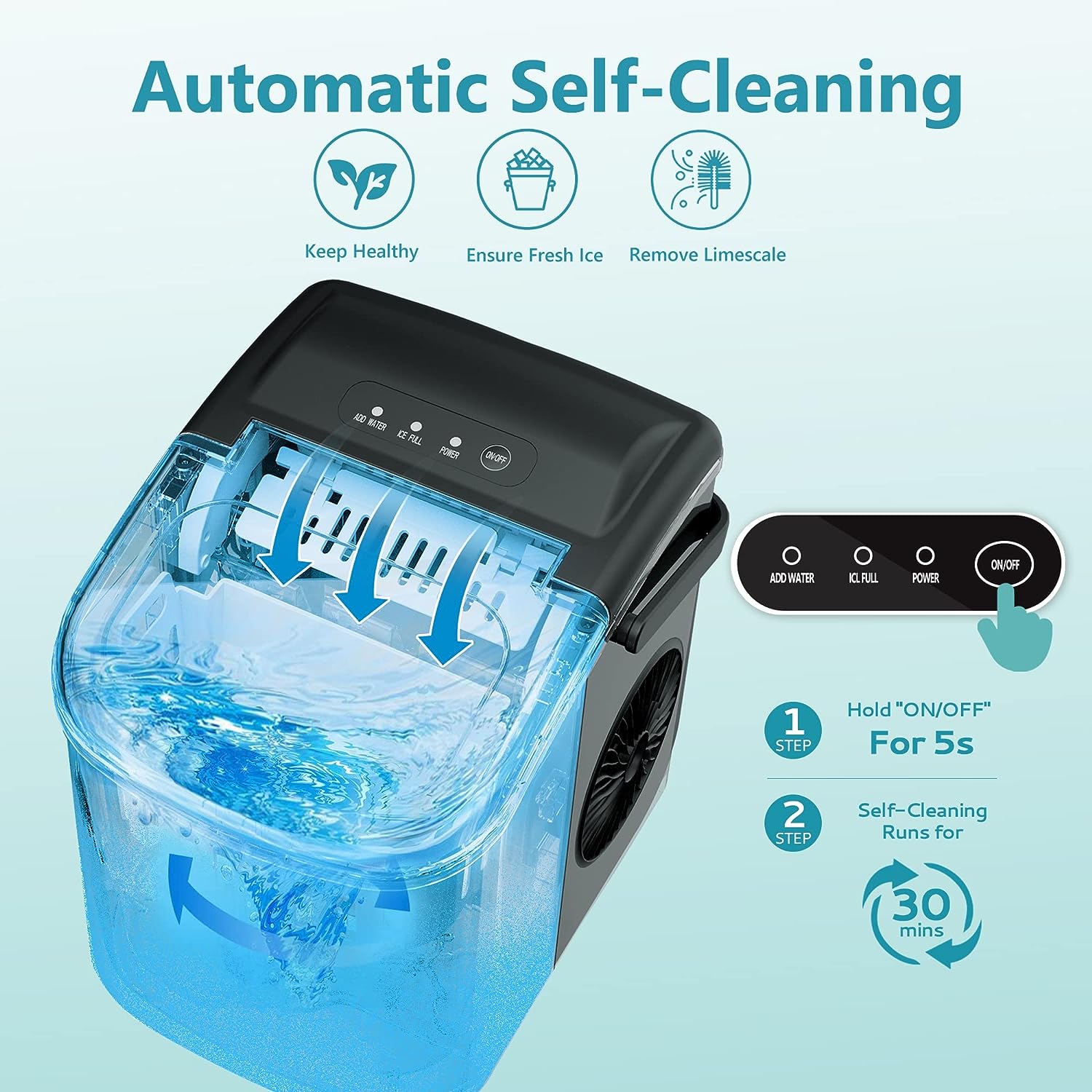 Euhomy Dart H1 black bullet ice maker, automatic self-cleaning feature with water circulation and control panel.