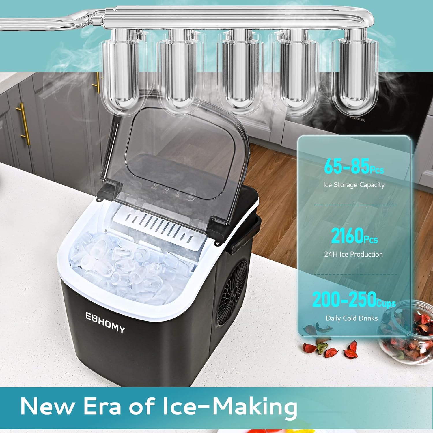 Euhomy Dart H1 black bullet ice maker, ice-filled. Shows 65-85 pc capacity, 2160 pc 24hr production.
