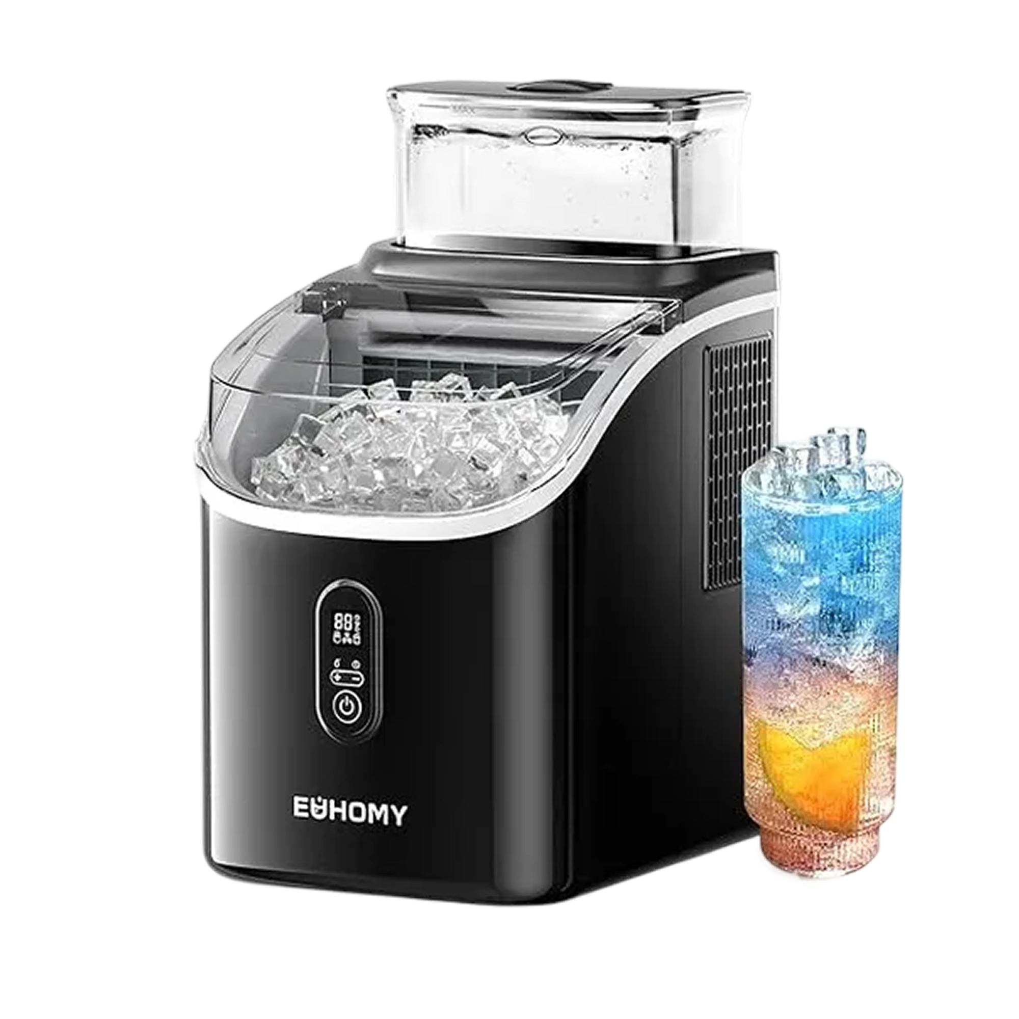 Black Euhomy Tile SE countertop ice cube maker with a full ice bin, water tank, and an iced beverage.