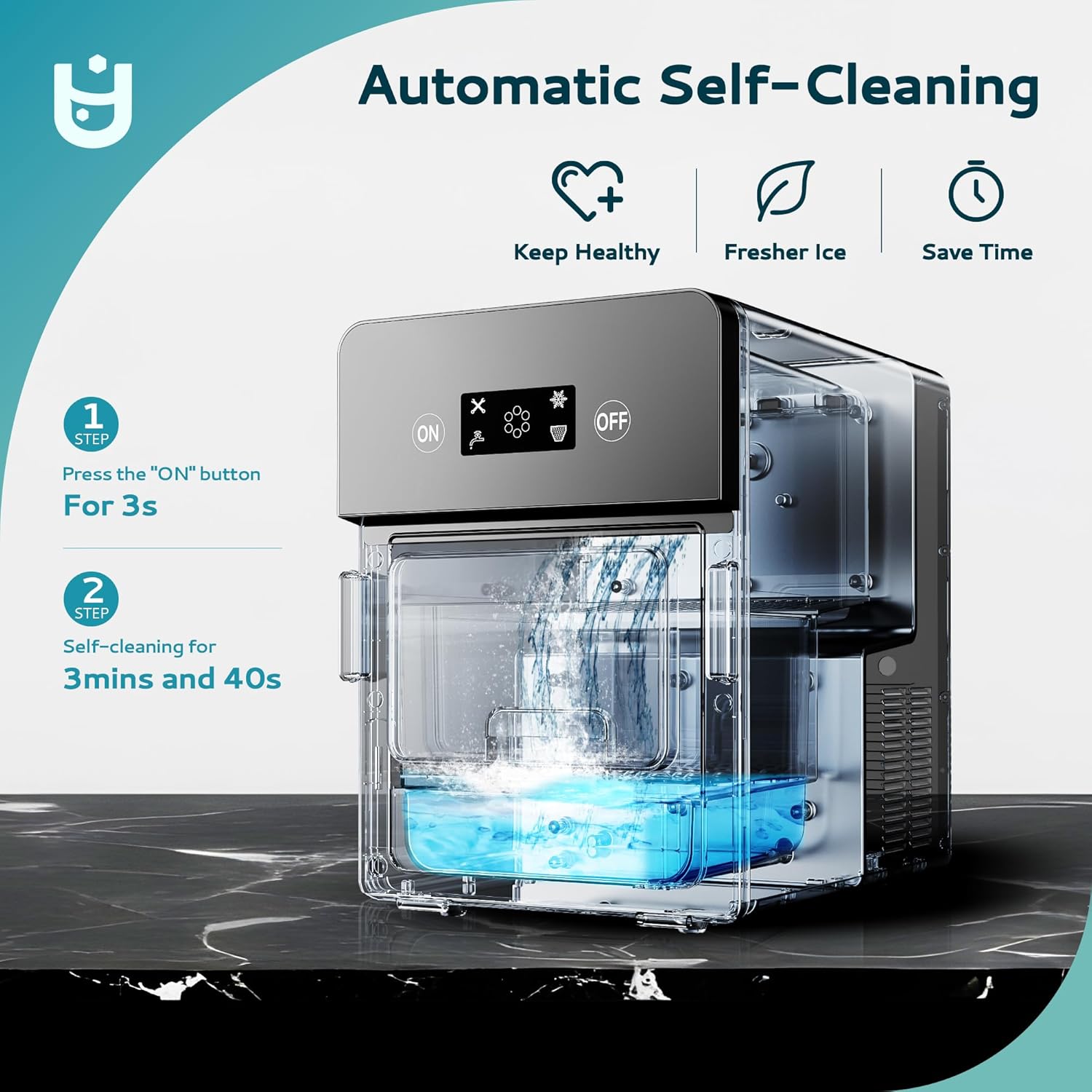 Euhomy Rock SE ice maker automatic self-cleaning for healthy, fresh ice. Saves time. Water splashes.