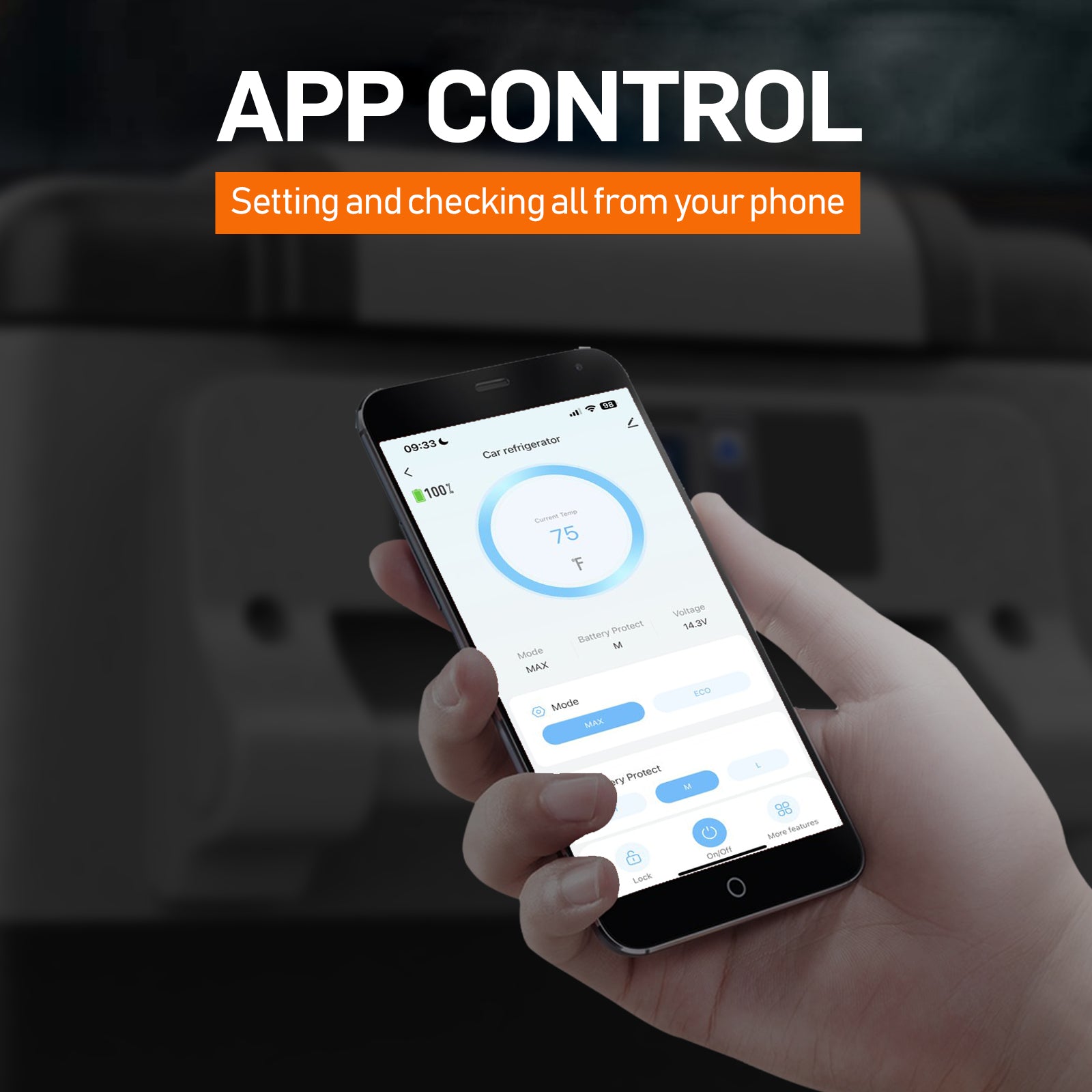EUHOMY portable car refrigerator app control for temperature adjustment and battery status monitoring.