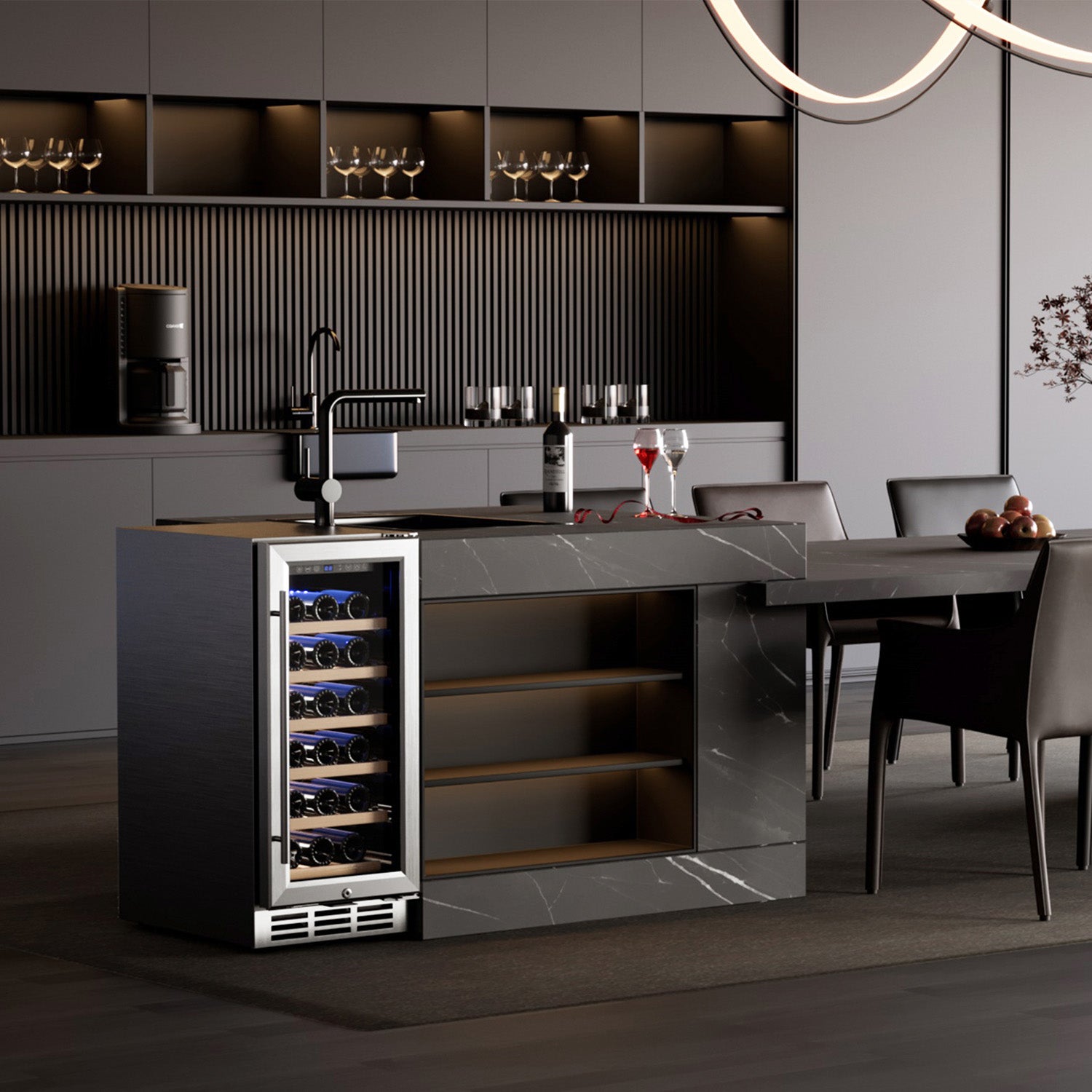 Euhomy 15" wine cooler in kitchen island, glass door, blue LED, wood shelves, wine bottles.