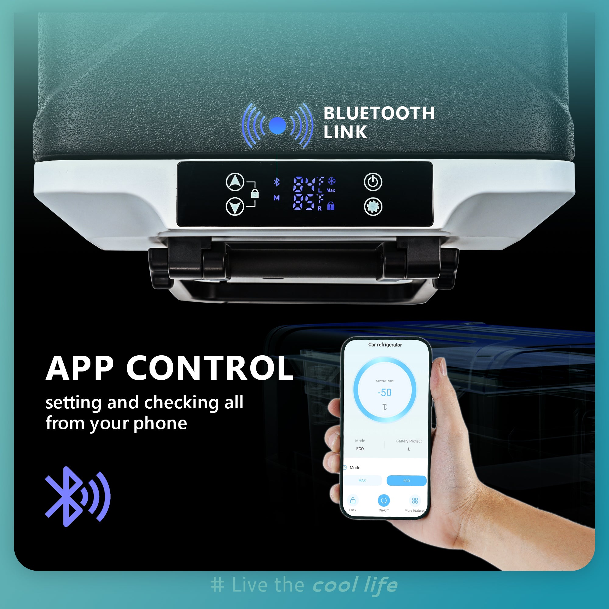 Euhomy 37-qt portable car refrigerator with dual zone cooling, controlled via smartphone app and Bluetooth connection.