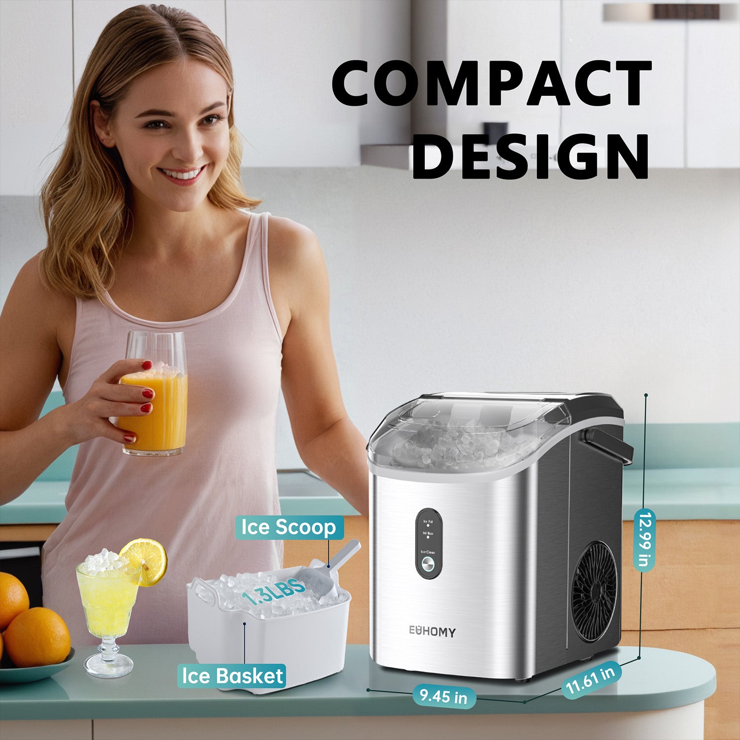 EUHOMY Pearl H1 portable nugget ice maker in stainless steel next to a woman holding a drink and a basket of ice.