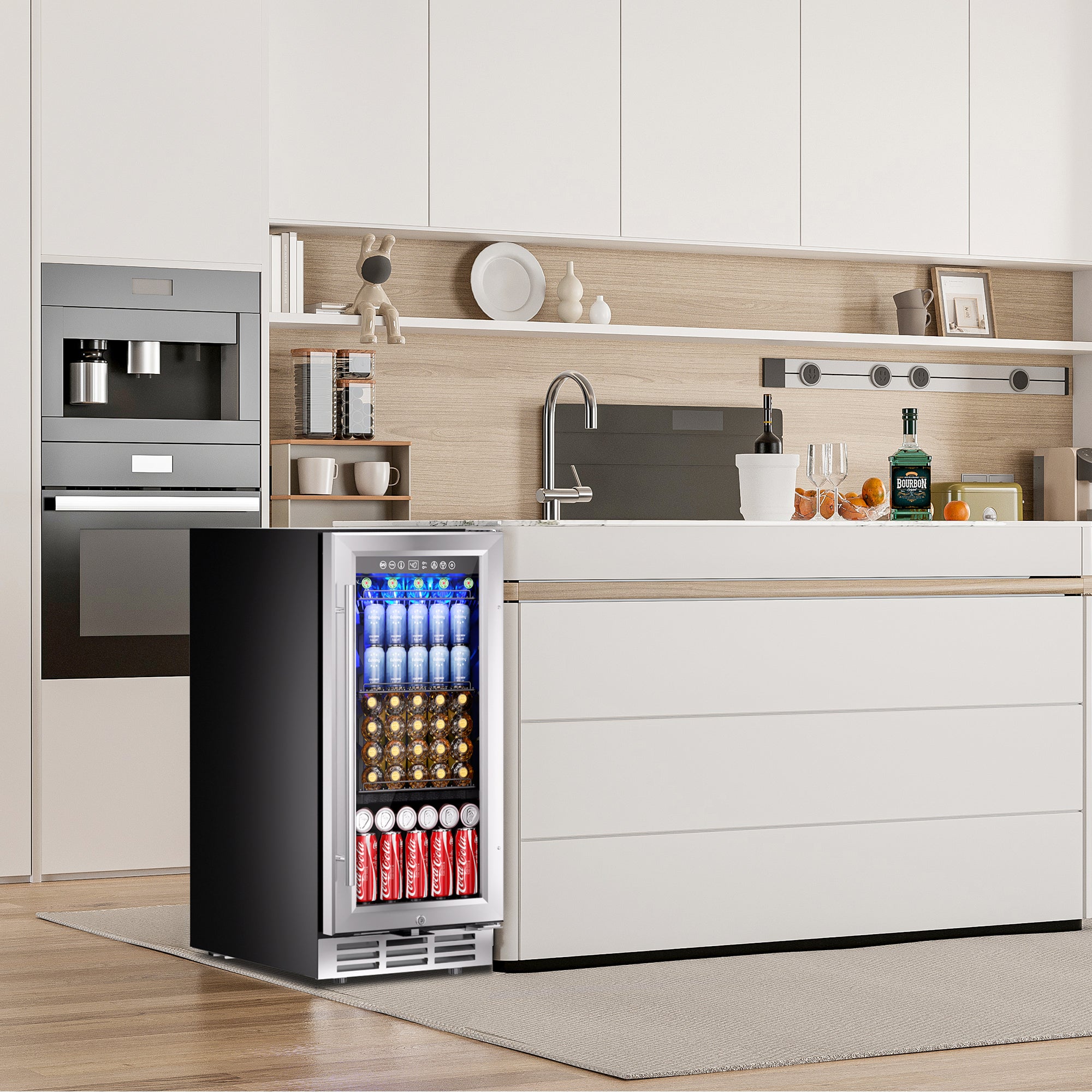 EUHOMY 15" beverage fridge in kitchen, filled with water bottles, beer bottles, and soda cans, lit by blue LED.
