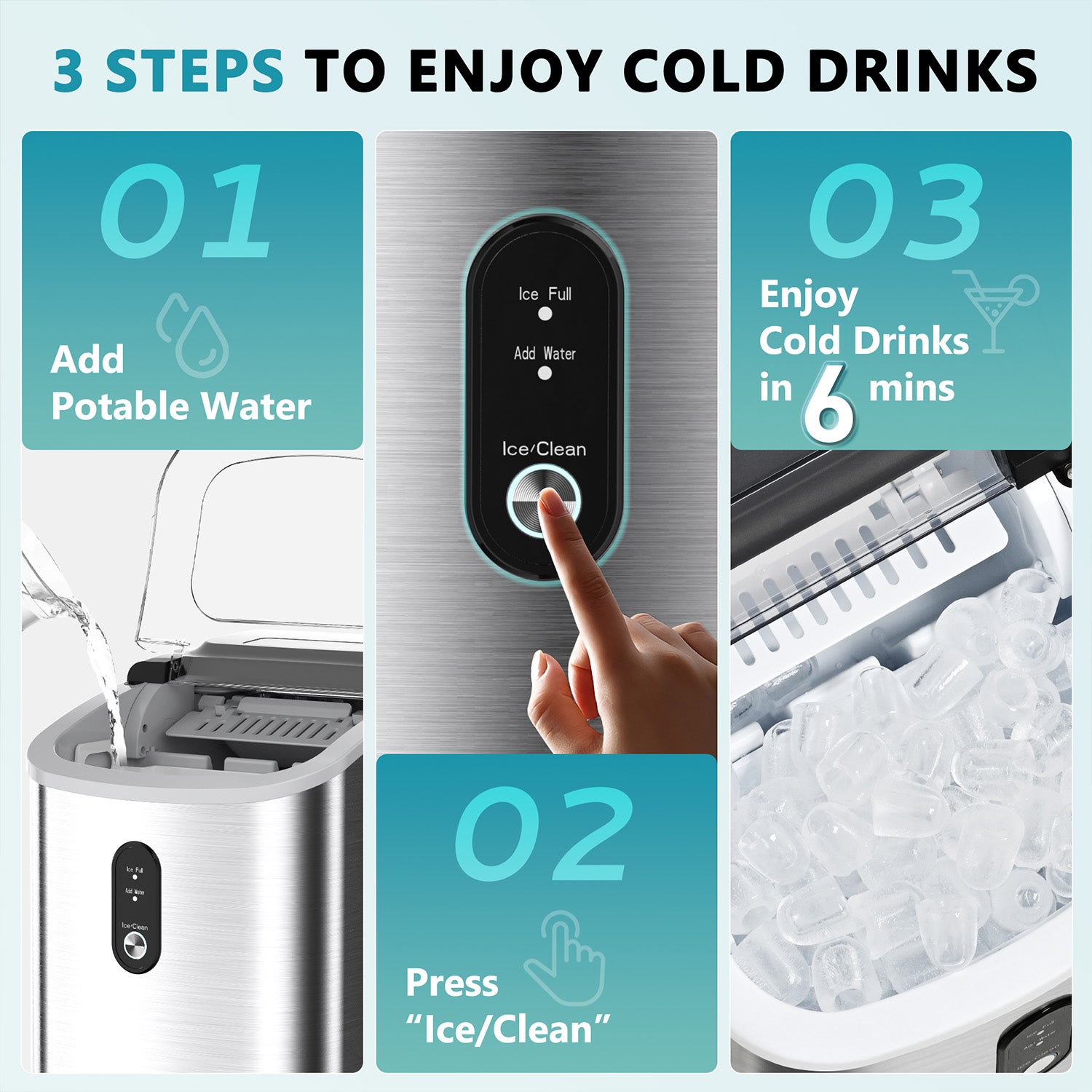 Euhomy Dart H1 silver ice maker: 3 steps to cold drinks - add water, press button, enjoy ice in 6 mins.