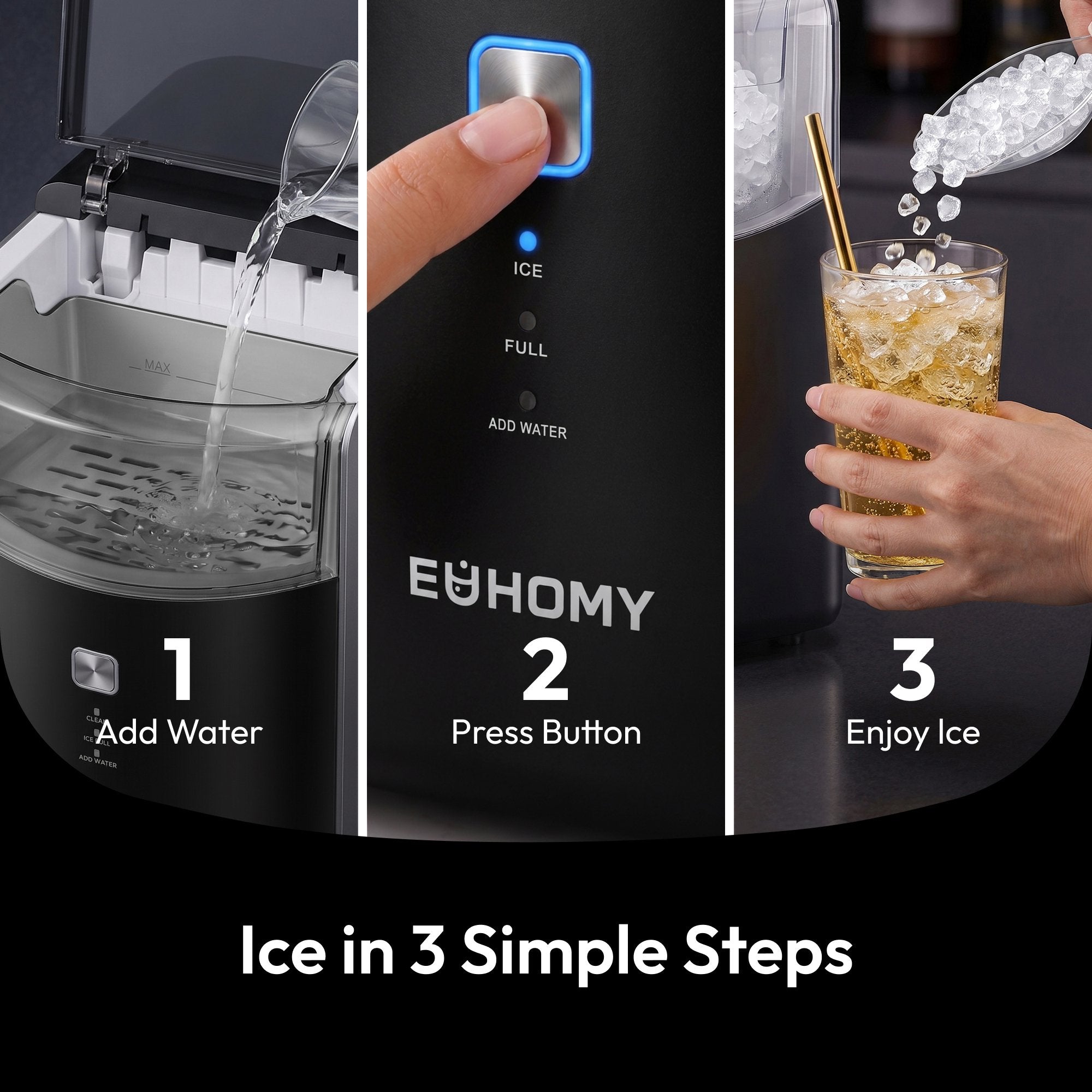 EUHOMY Countertop Nugget Ice Maker, 5-Minute Fast Ice Making, 35Lbs/24H Chewable Ice Machine with Dual-Layer Insulation, Self-Cleaning & 4 Descaling Packets, for Home, Office, Bar & RV, Black