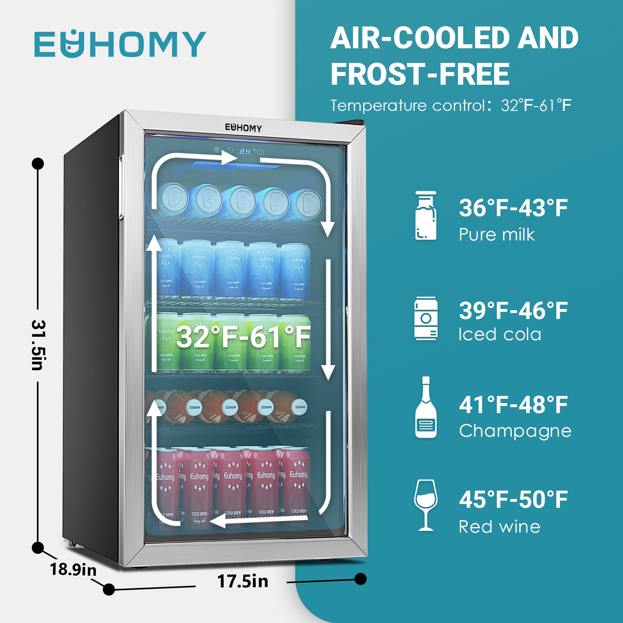 EUHOMY 3.2 Cu.Ft beverage cooler featuring different drink temperature zones and air-cooled frost-free technology.