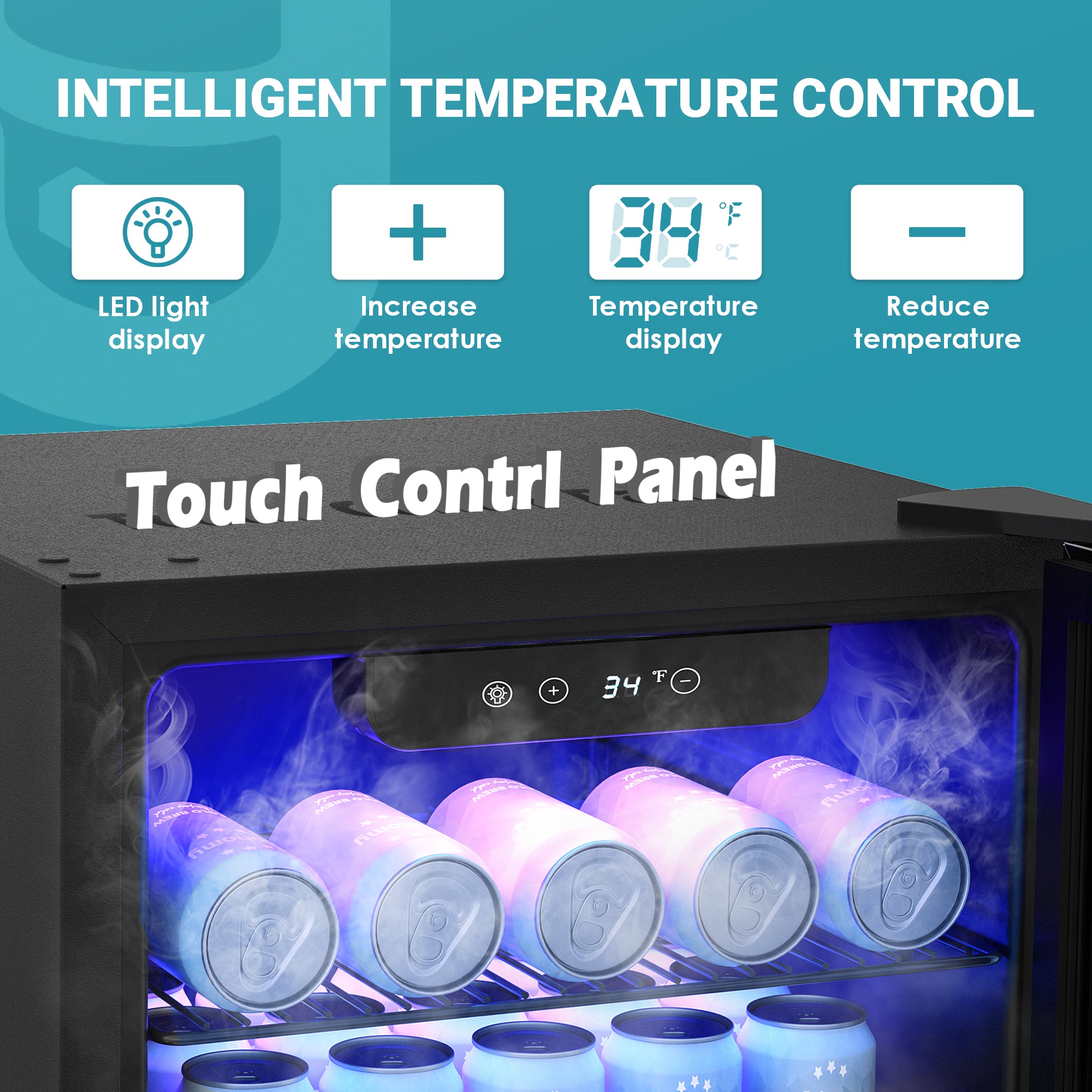 EUHOMY 3.2 Cu.Ft beverage cooler with digital touch panel, precise 34°F temperature display, and blue LED interior lighting.
