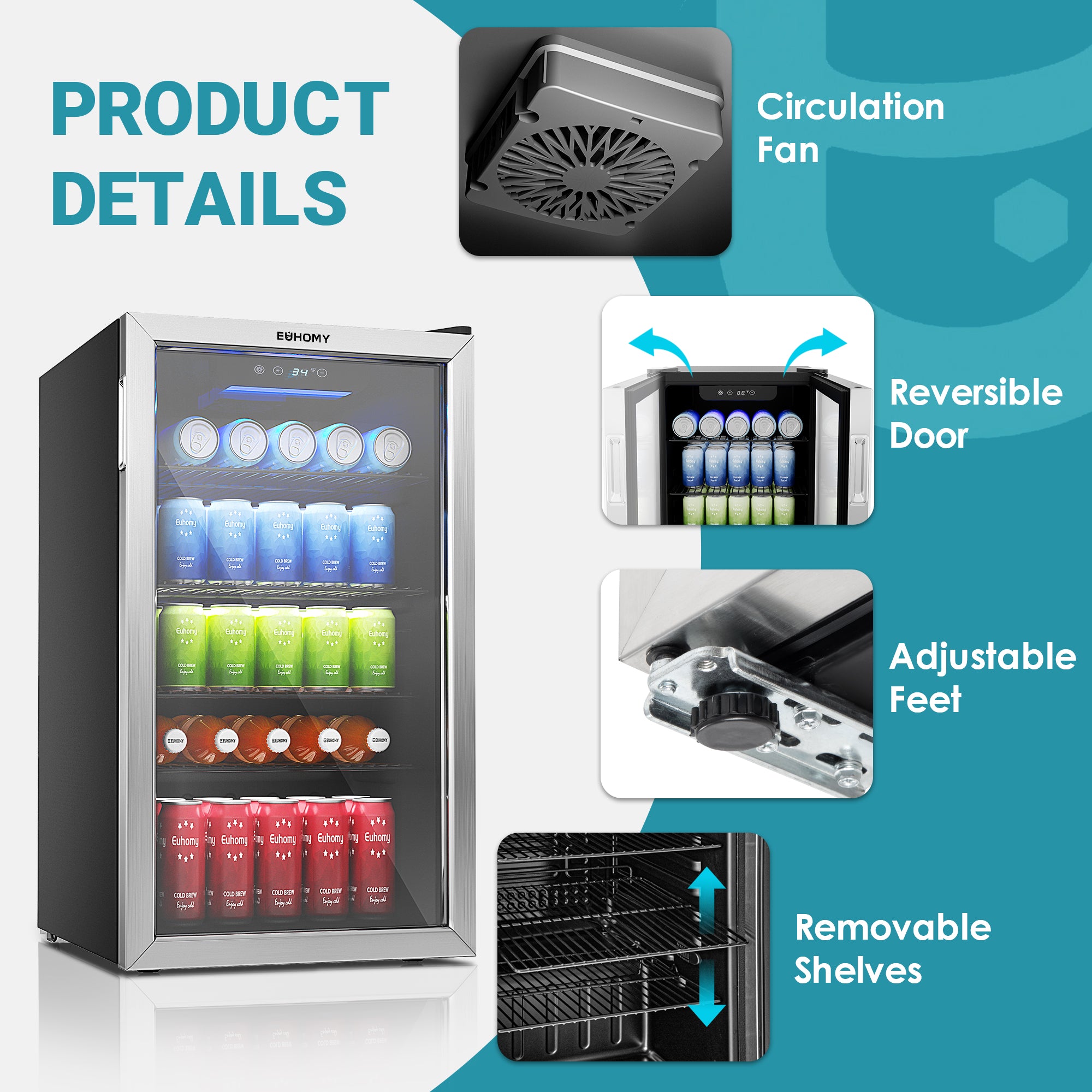 EUHOMY 3.2 Cu.Ft cooler with glass door showing cans and bottles, equipped with fan, reversible door, adjustable feet, and removable shelves.