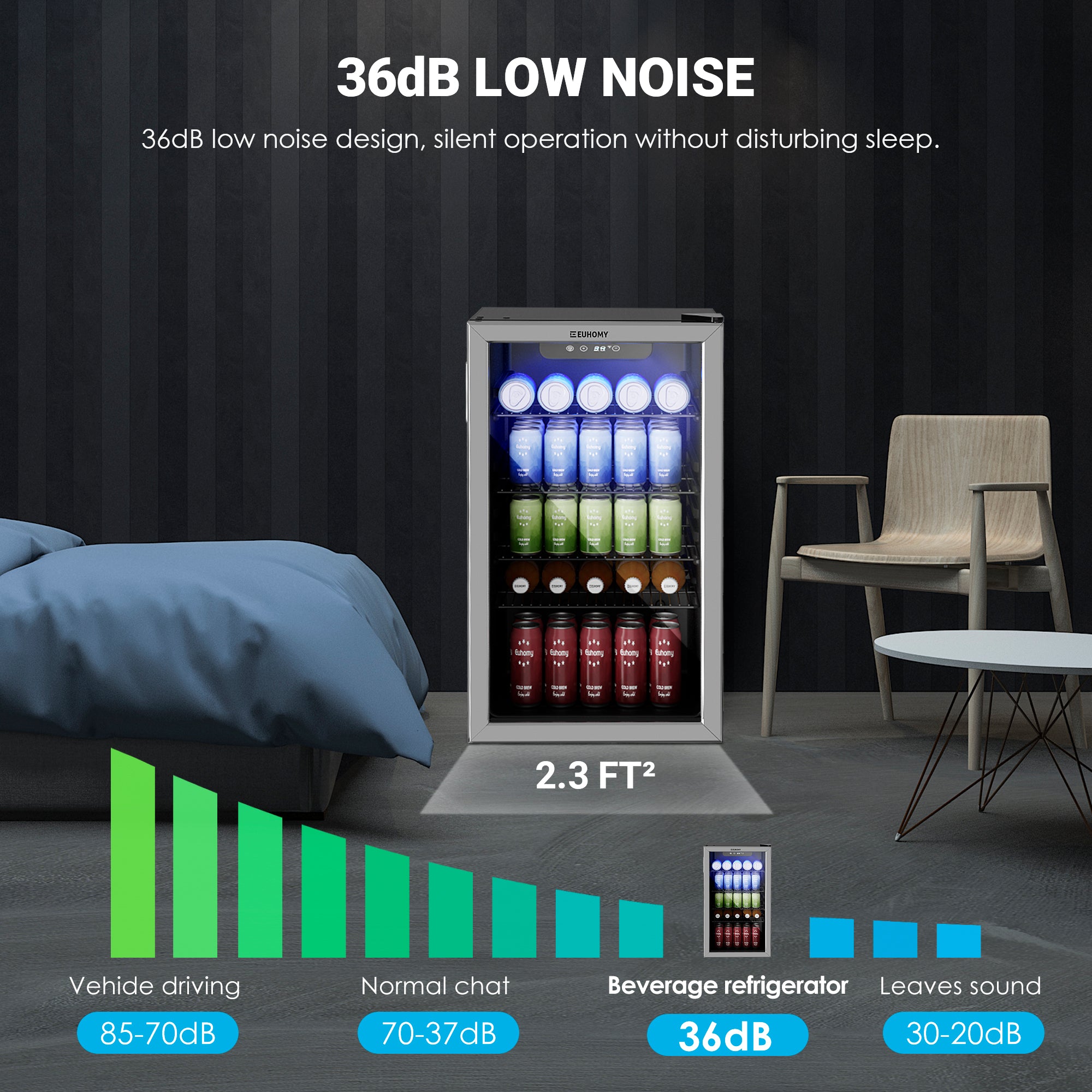 EUHOMY 3.2 Cu.Ft beverage cooler in bedroom setting, showcasing rows of drinks and quiet 36dB operation.