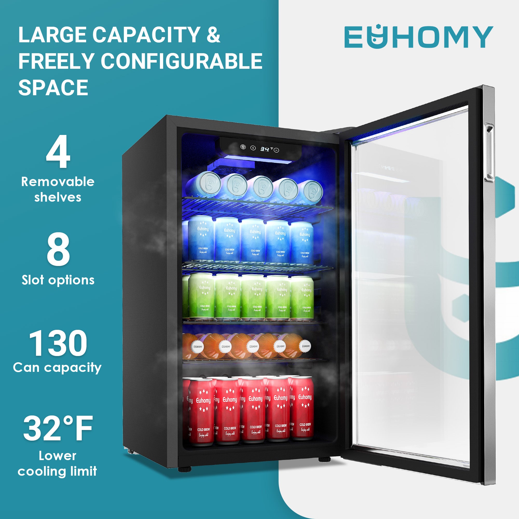 EUHOMY 3.2 Cu.Ft beverage cooler with glass door, 130-can capacity, blue LED lighting, and adjustable shelves for drinks.