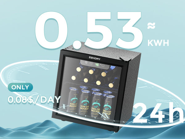 EUHOMY beverage fridge, glass door, wine & cans inside. Energy efficient: 0.53 KWH, $0.08/day.