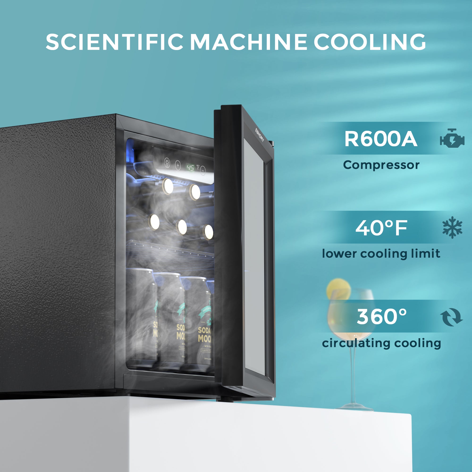 EUHOMY beverage fridge open door displays R600A compressor, 40°F cooling, 360° circulating cooling.