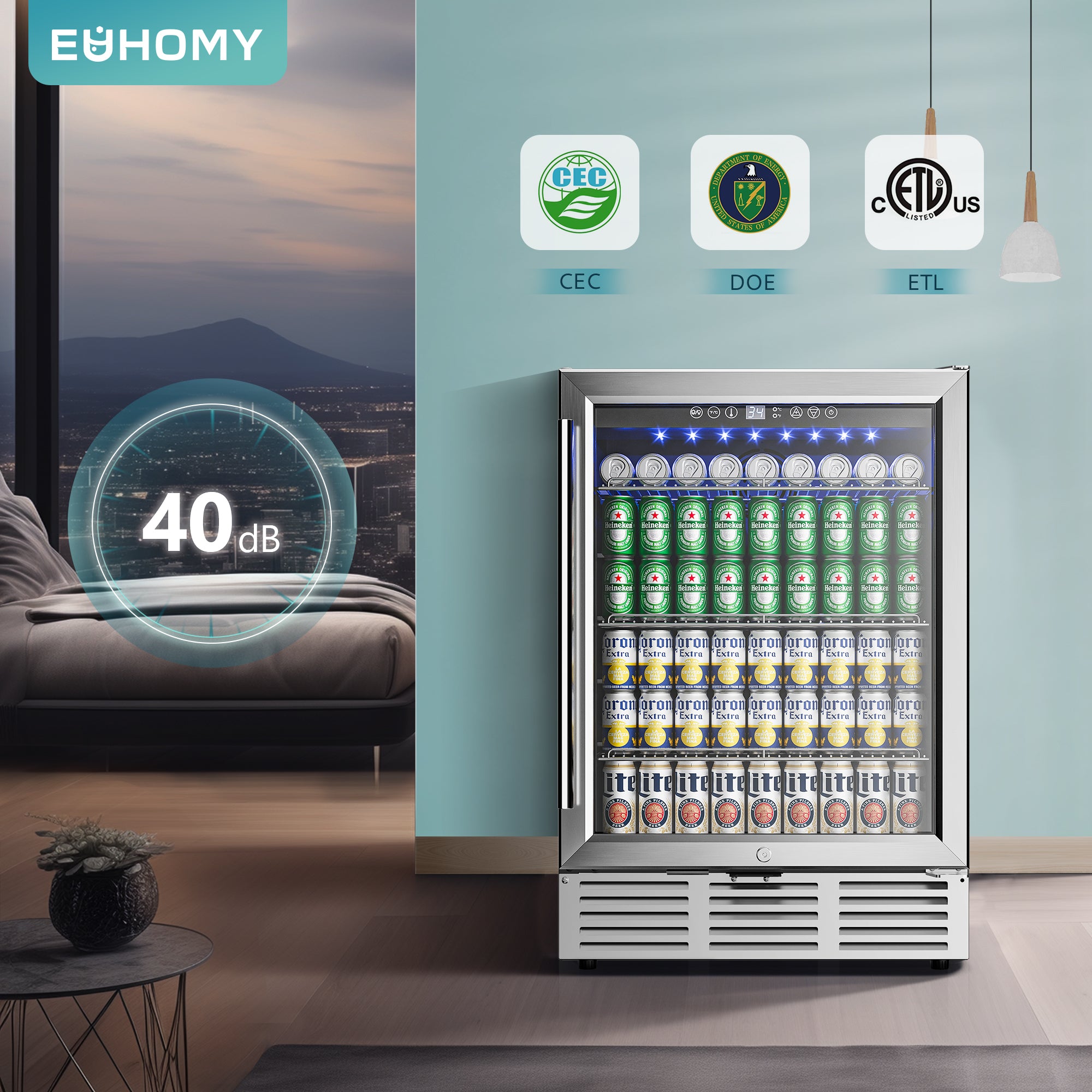 EUHOMY beverage fridge filled with 180 cans, 40dB noise level, CEC, DOE, ETL certified, stainless steel, glass door.