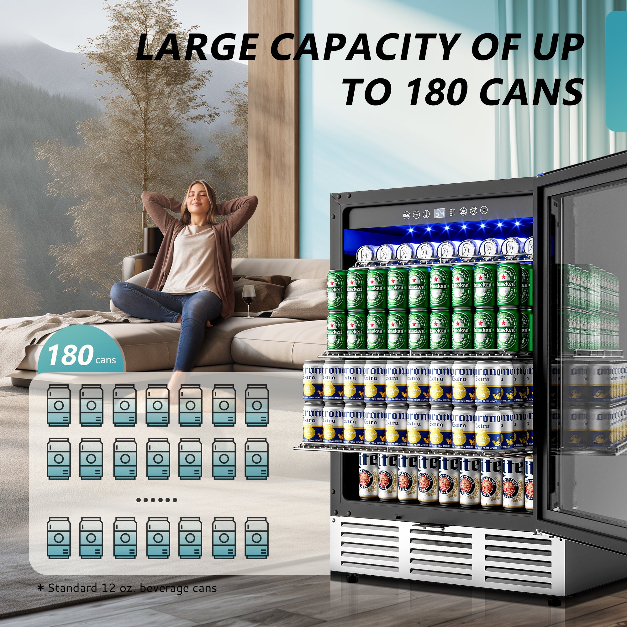 EUHOMY 5.3 cu ft beverage fridge, 180-can capacity, glass door, LED interior, lifestyle shot.