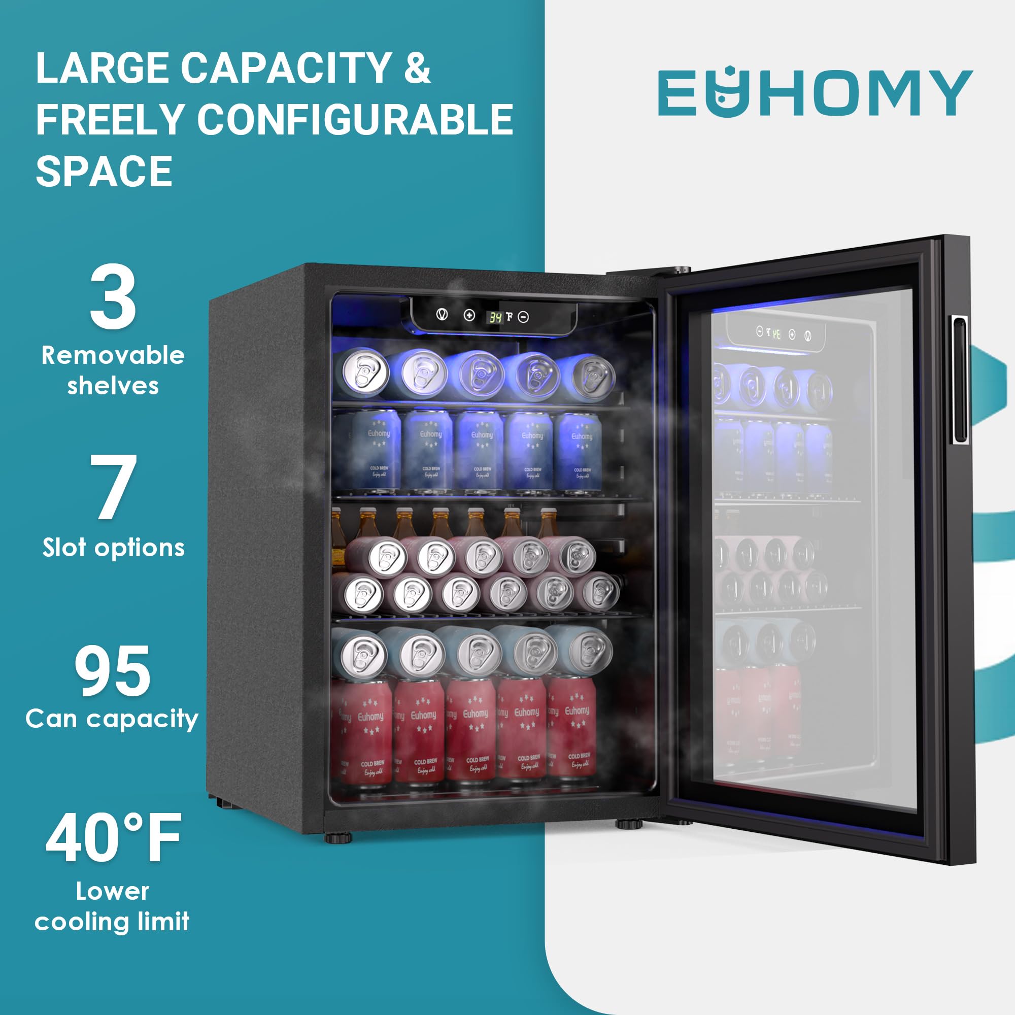 EUHOMY 100 can mini fridge with glass door open, showcasing 3 removable shelves stocked with beverages and 100 can capacity.