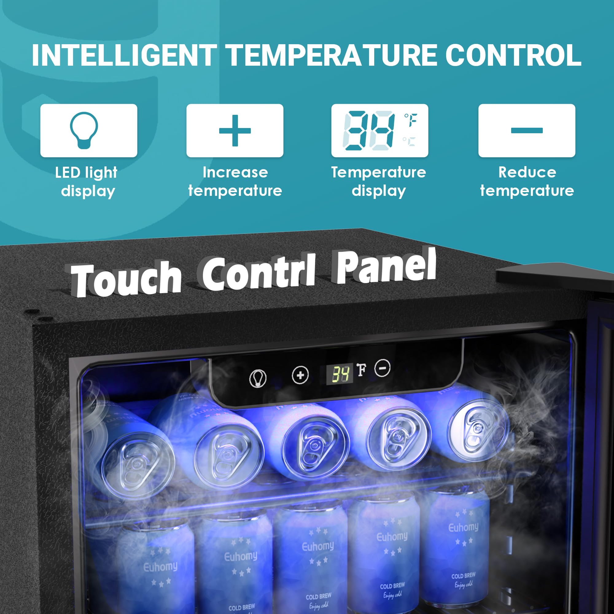 EUHOMY mini fridge interior with cans, touch panel shows 34°F. Highlights intelligent temp control.